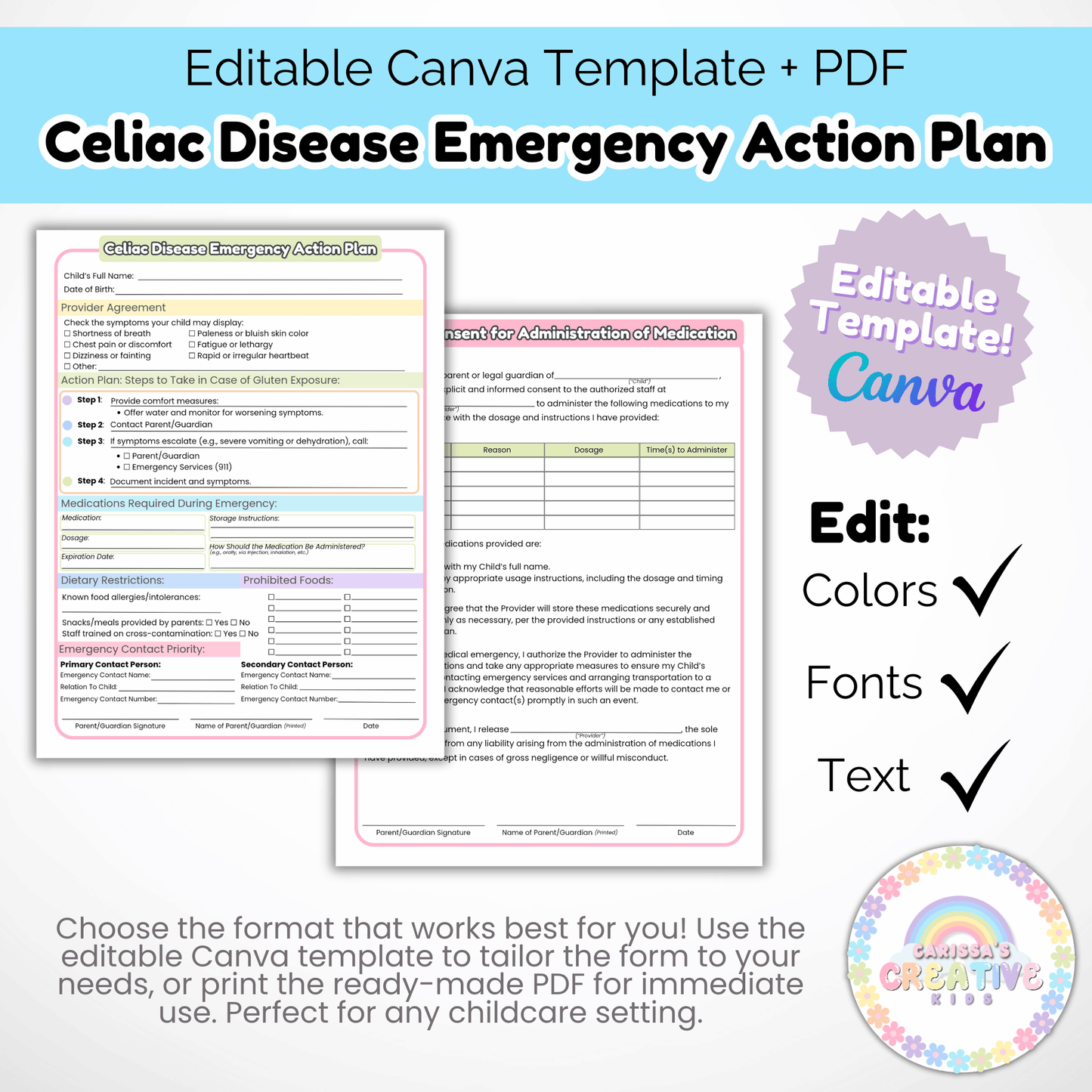 Daycare Forms- Celiac Disease Emergency Action Plan Editable Template