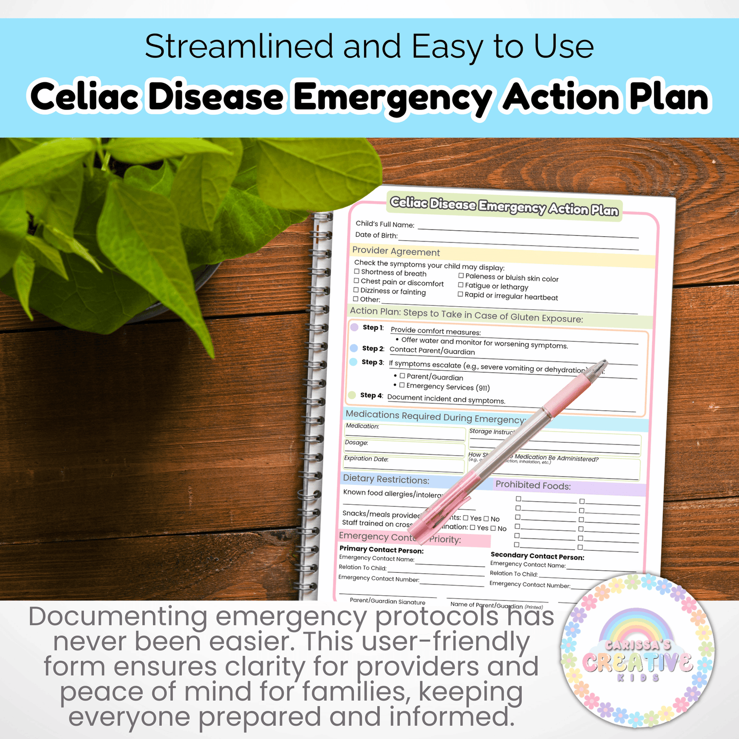 Daycare Forms- Celiac Disease Emergency Action Plan Editable Template