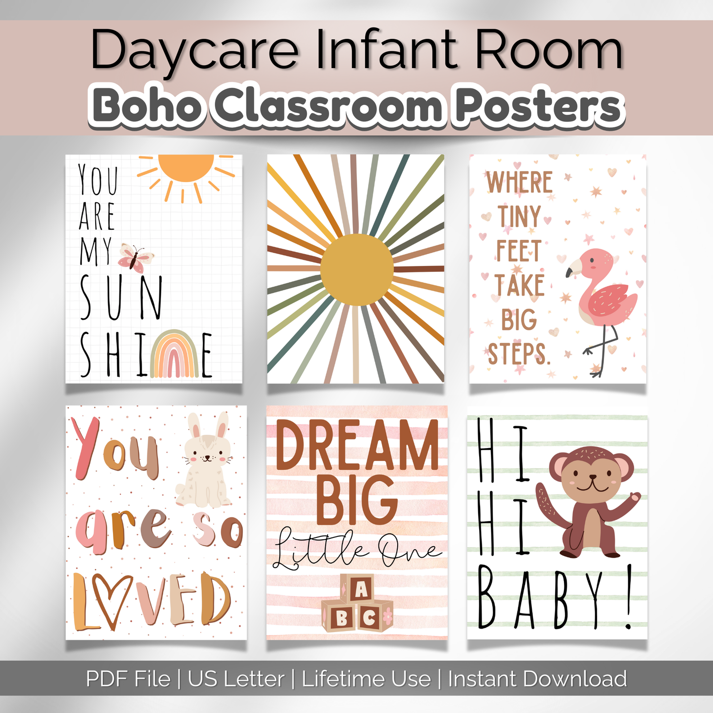 Daycare Infant Classroom Boho Rainbow Theme Posters | Neutral Infant Room