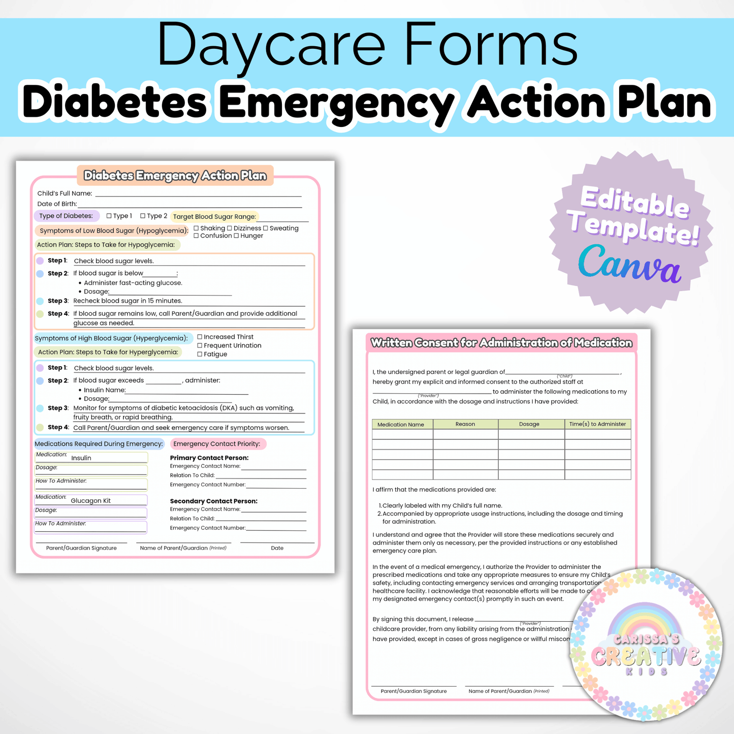 Daycare Forms- Diabetes Emergency Action Plan & Written Consent Form Editable Template for Daycares and Preschools