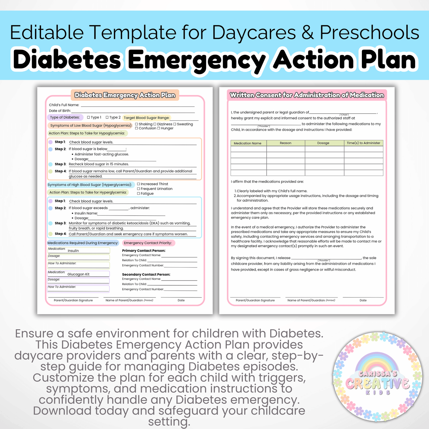 Daycare Forms- Diabetes Emergency Action Plan & Written Consent Form Editable Template for Daycares and Preschools