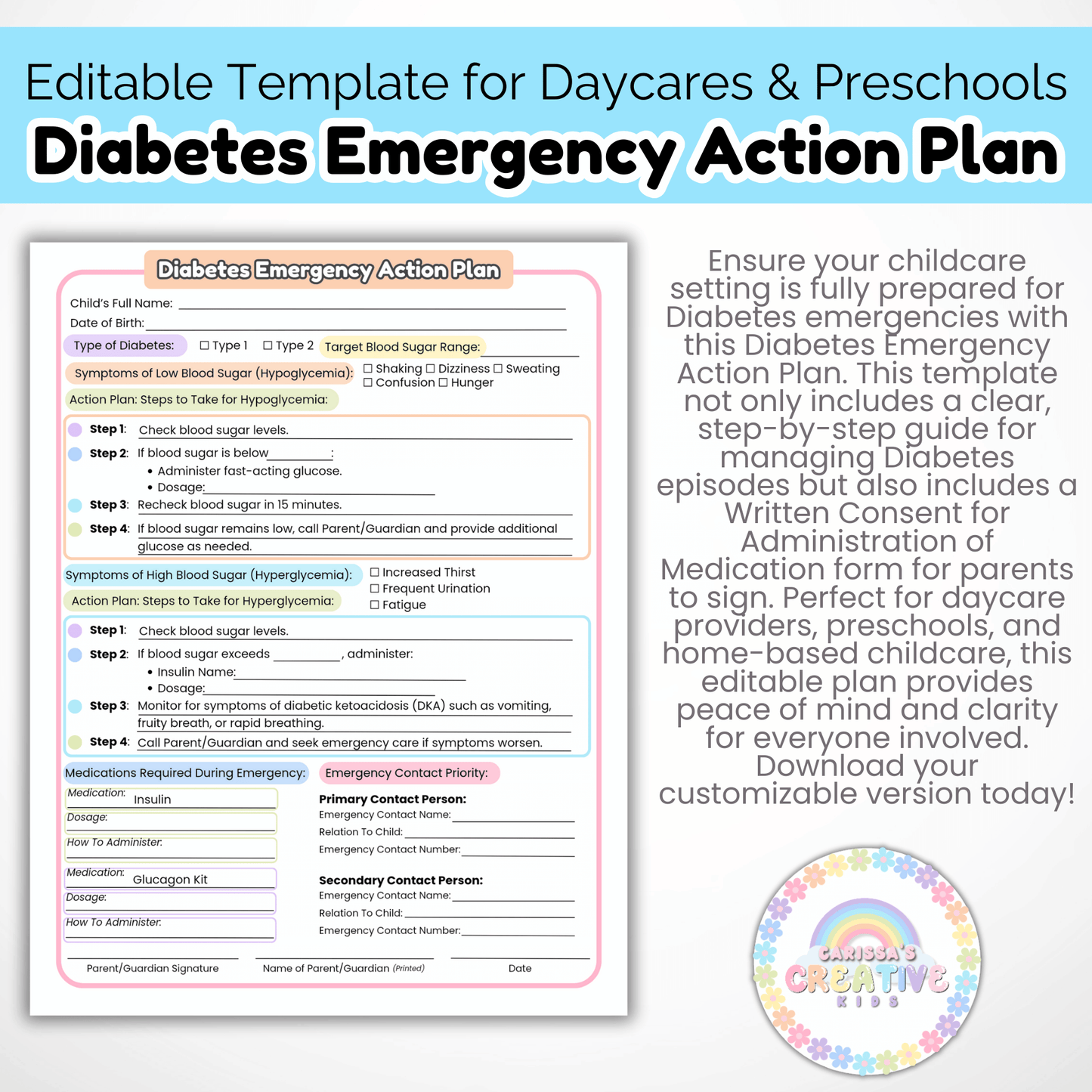 Daycare Forms- Diabetes Emergency Action Plan & Written Consent Form Editable Template for Daycares and Preschools
