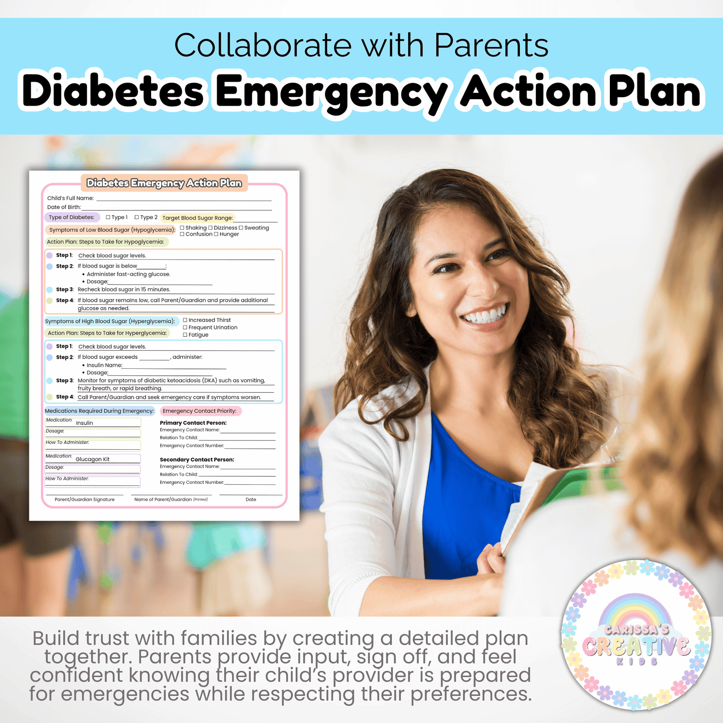 Daycare Forms- Diabetes Emergency Action Plan & Written Consent Form Editable Template for Daycares and Preschools