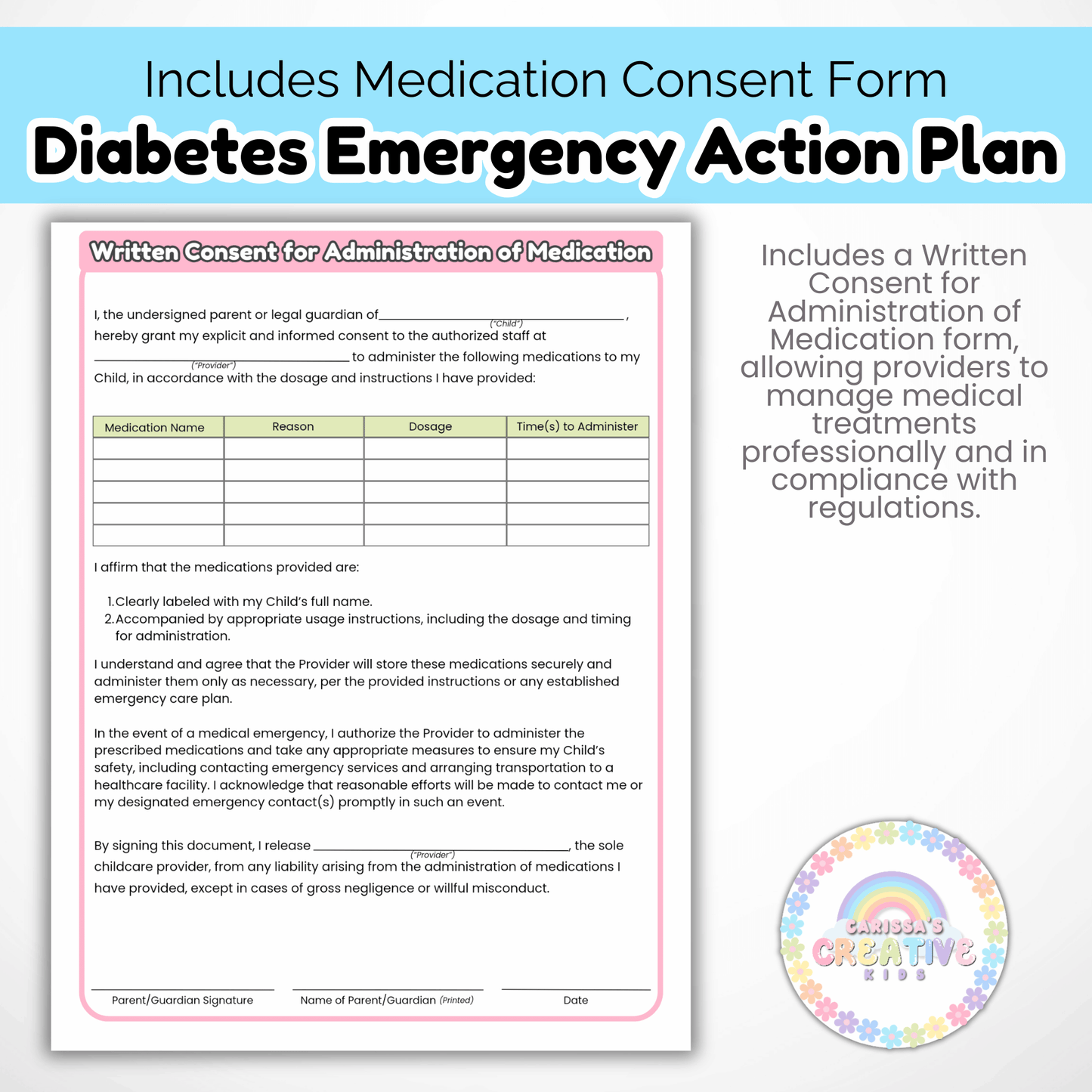 Daycare Forms- Diabetes Emergency Action Plan & Written Consent Form Editable Template for Daycares and Preschools