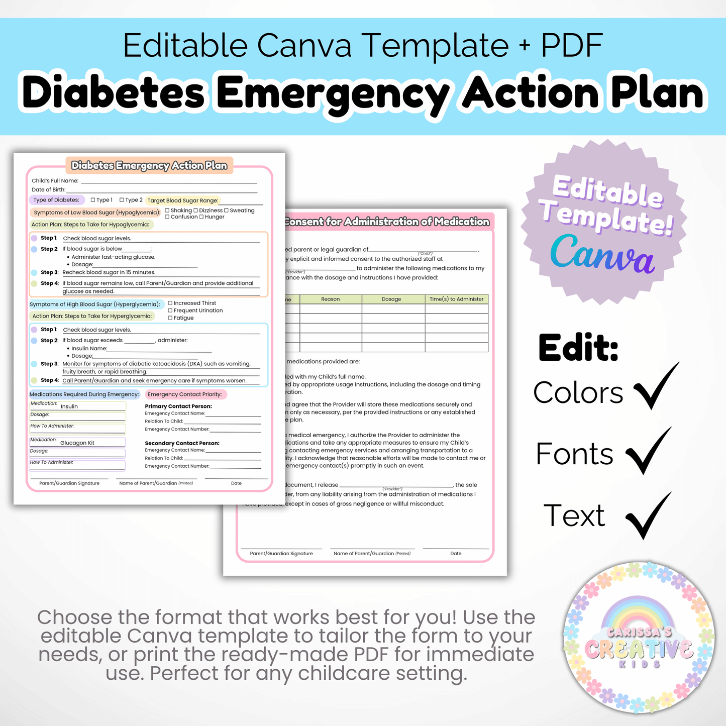 Daycare Forms- Diabetes Emergency Action Plan & Written Consent Form Editable Template for Daycares and Preschools