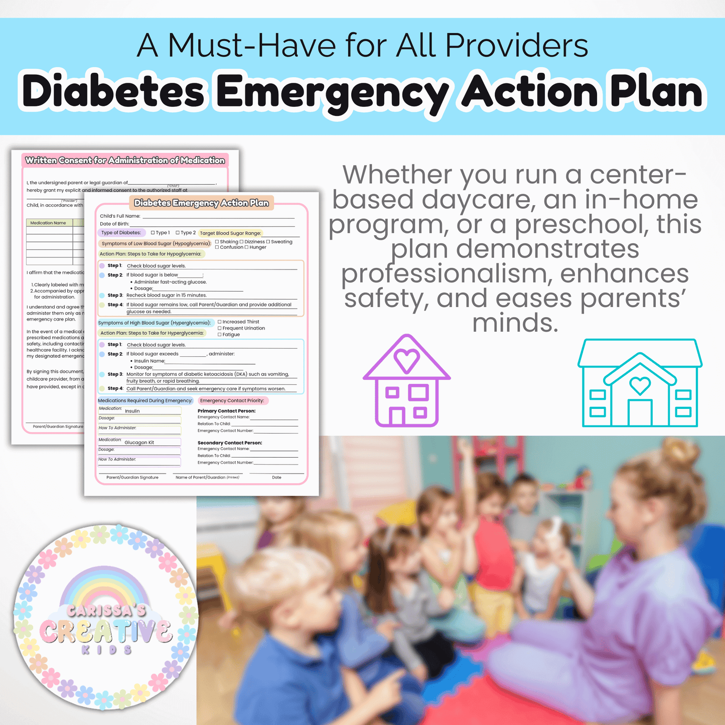 Daycare Forms- Diabetes Emergency Action Plan & Written Consent Form Editable Template for Daycares and Preschools