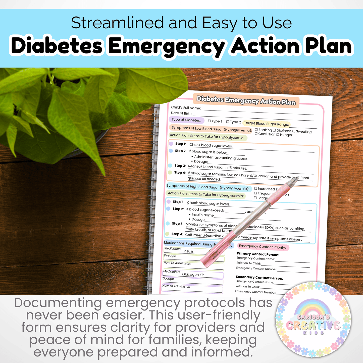 Daycare Forms- Diabetes Emergency Action Plan & Written Consent Form Editable Template for Daycares and Preschools