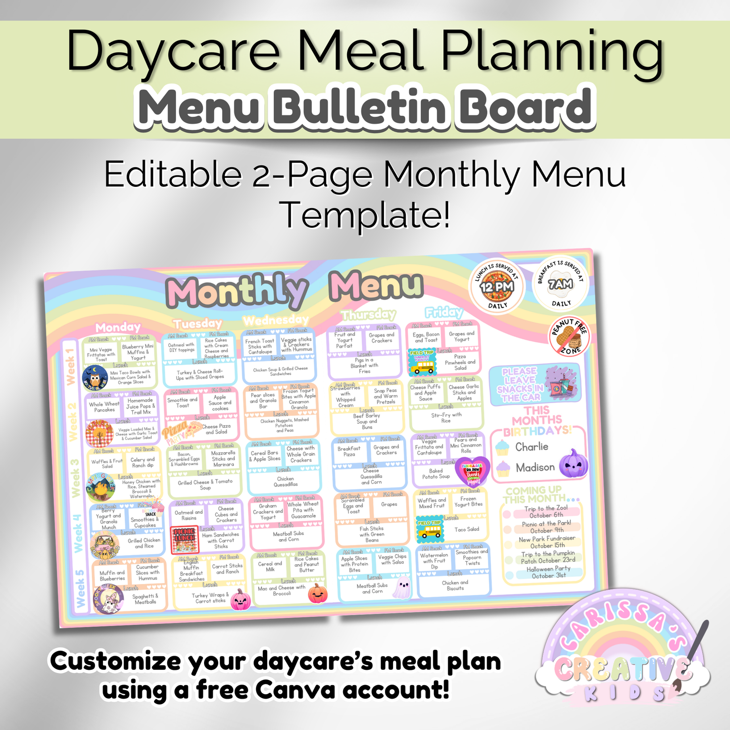 Daycare Bulletin Board Editable Meal Planning Kit