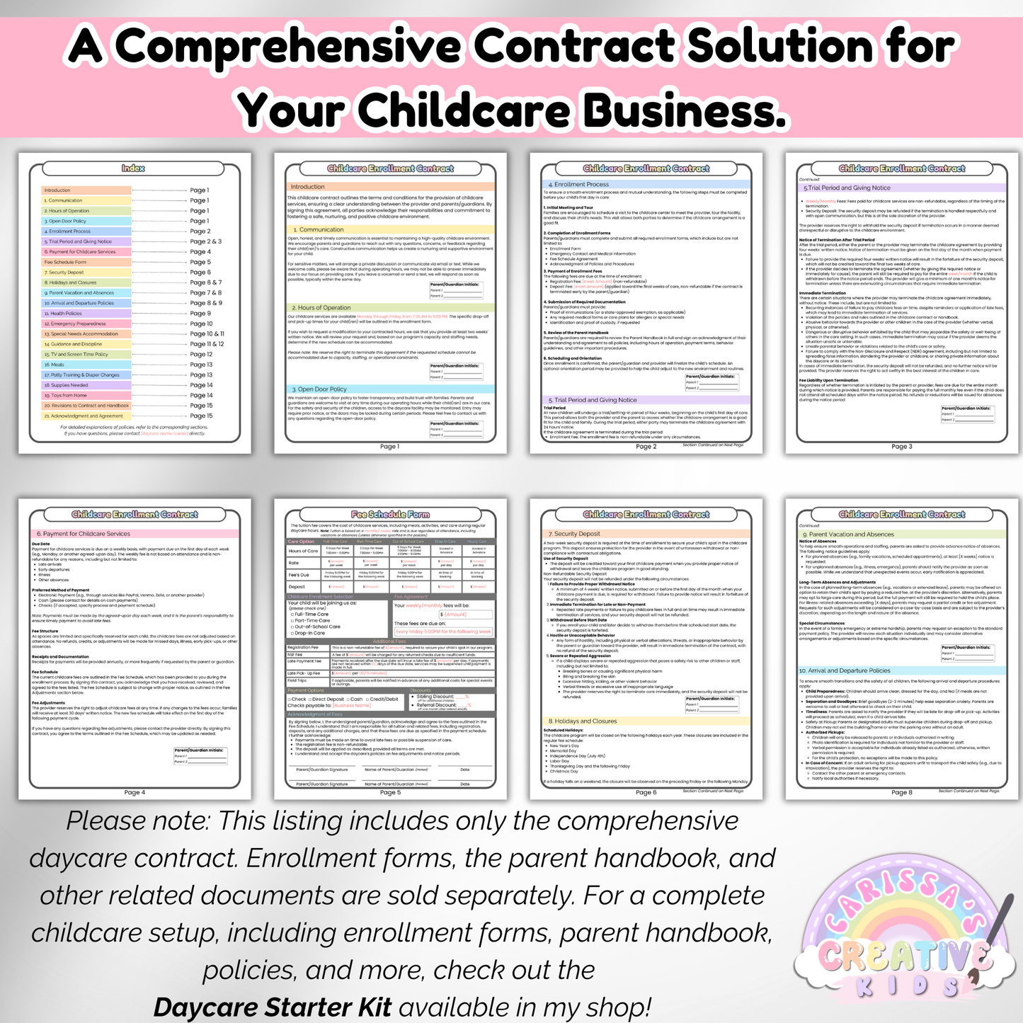 Daycare Contract for Childcare Centers and In Home Providers