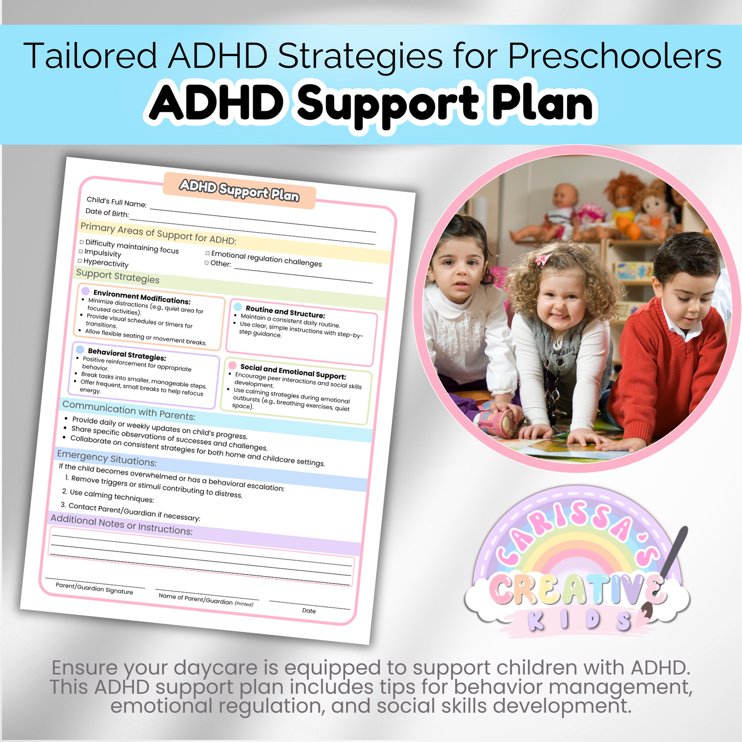 Daycare Forms ADHD Support Plan | Preschool Classroom Management