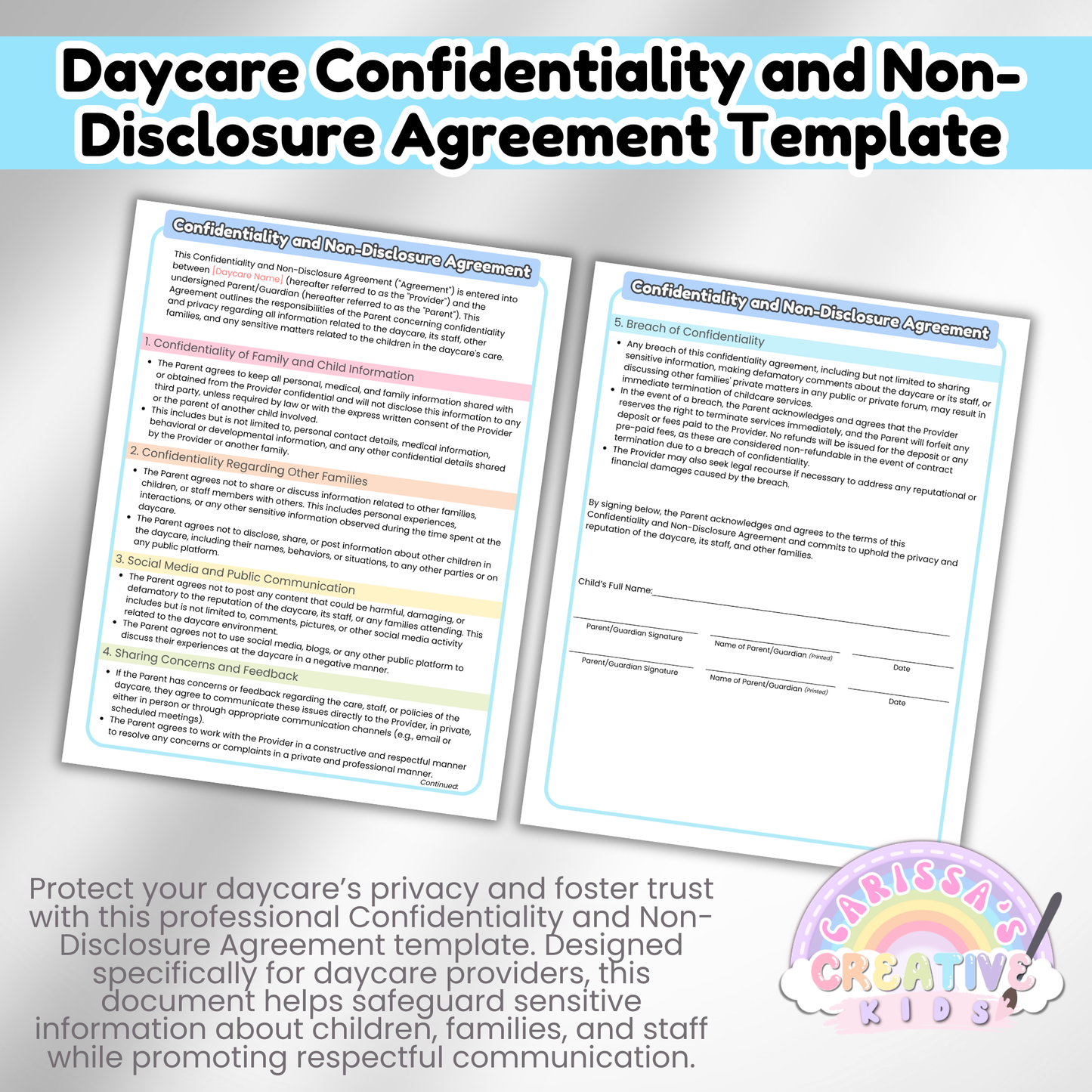 Daycare NDA Forms- Non-Disclosure Agreement for Childcare Providers, Childcare Centers and Preschools.