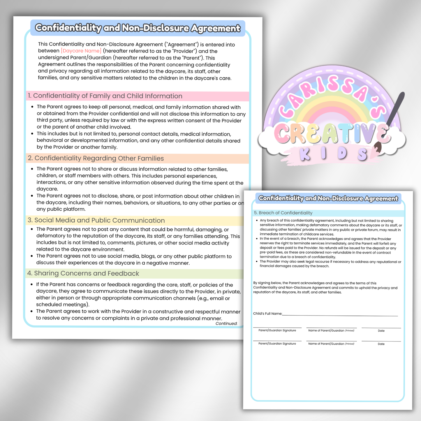 Daycare NDA Forms- Non-Disclosure Agreement for Childcare Providers, Childcare Centers and Preschools.
