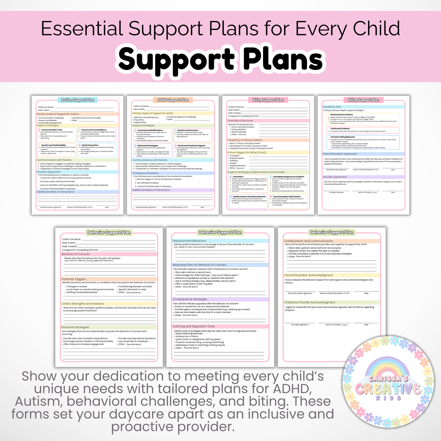 Daycare Support Forms Bundle | Biting, Behavior, ADHD, and Autism Support Plans