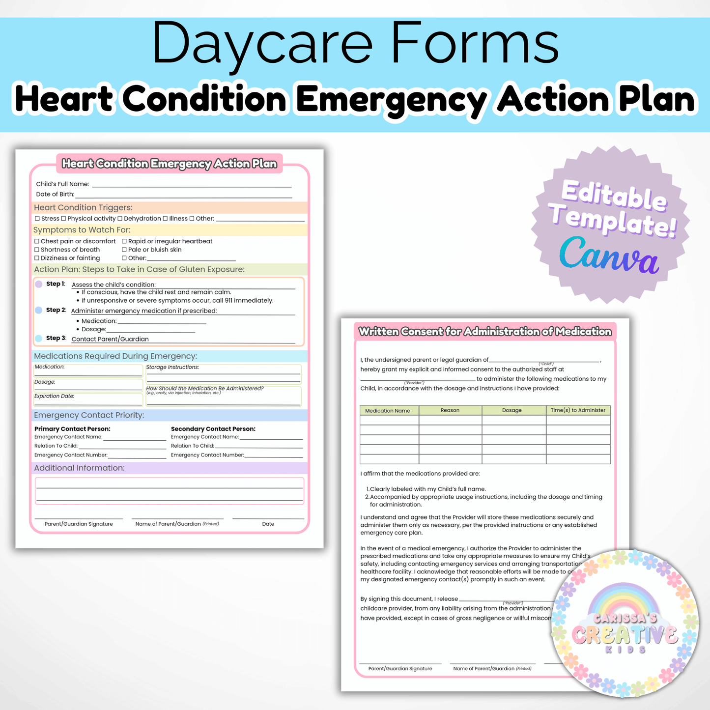Daycare Forms- Heart Condition Emergency Action Plan Editable Template