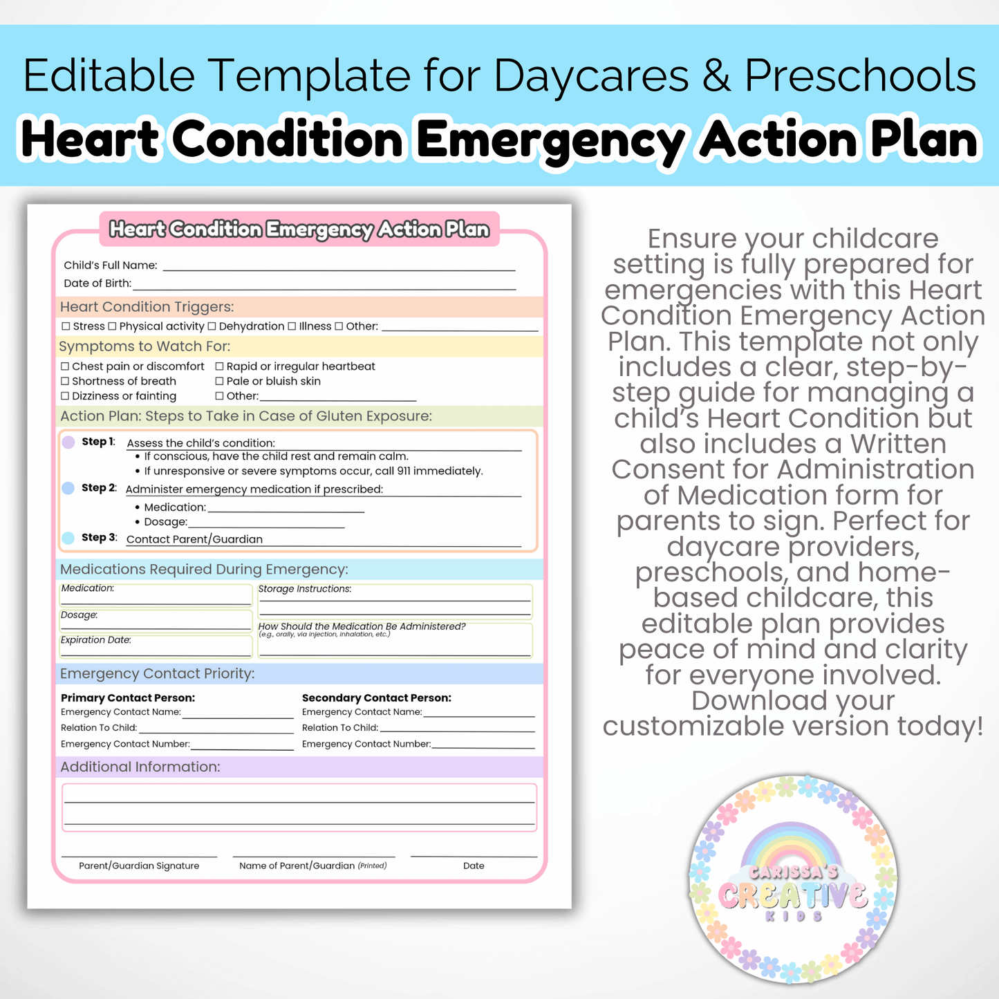 Daycare Forms- Heart Condition Emergency Action Plan Editable Template