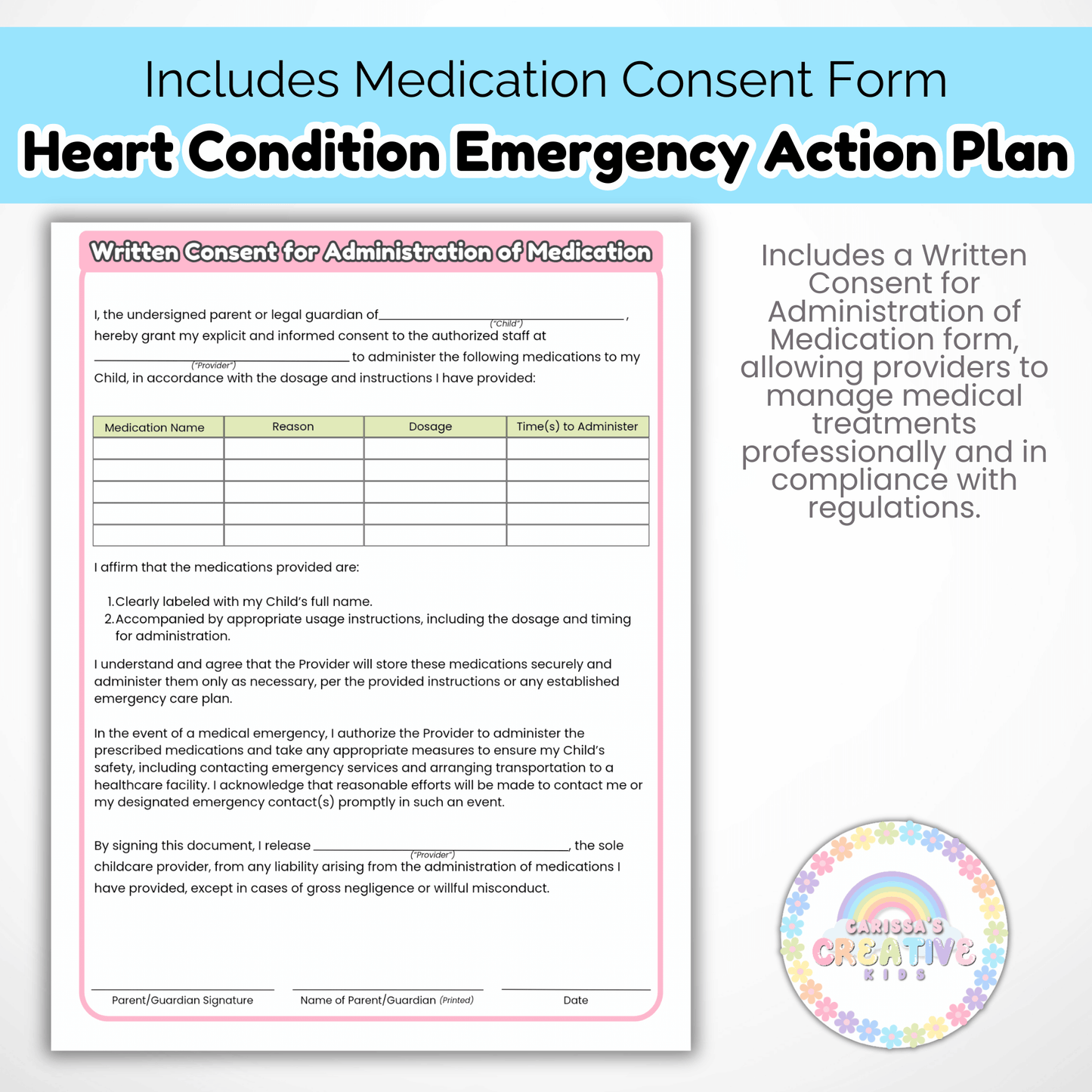 Daycare Forms- Heart Condition Emergency Action Plan Editable Template