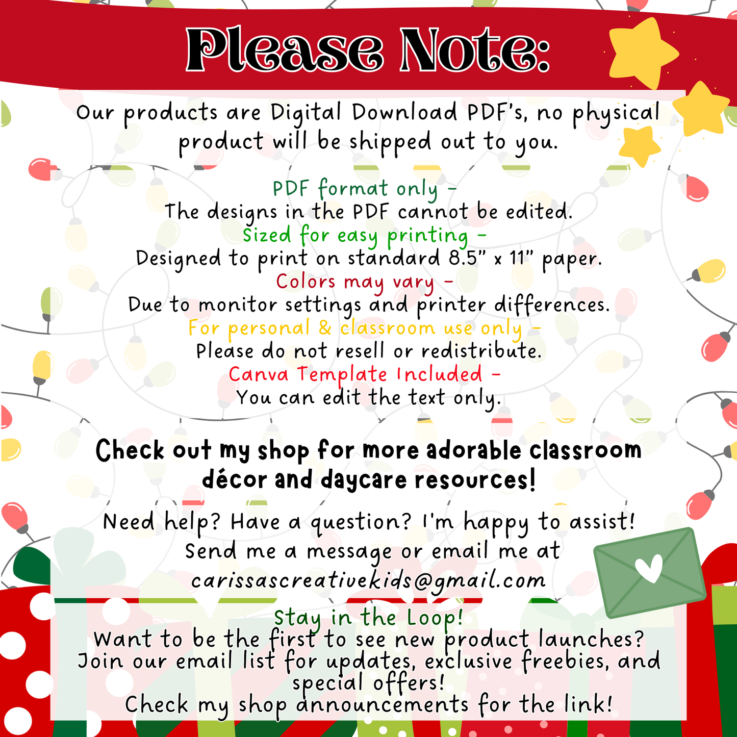 Digital Download Disclaimer for Christmas Daycare Parent Board – Includes Canva template notice, printing instructions, and support contact info. PDF formatted for 8.5” x 11” printing. No physical product shipped. For personal and classroom use only.