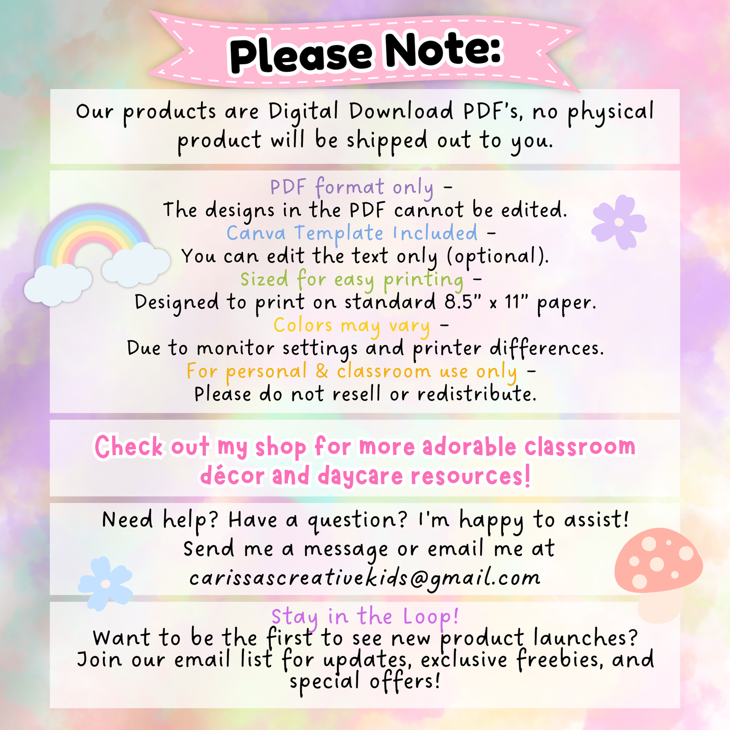 Important note about digital download product: includes PDF and editable Canva template, no physical item shipped. Designed for classroom or daycare use.