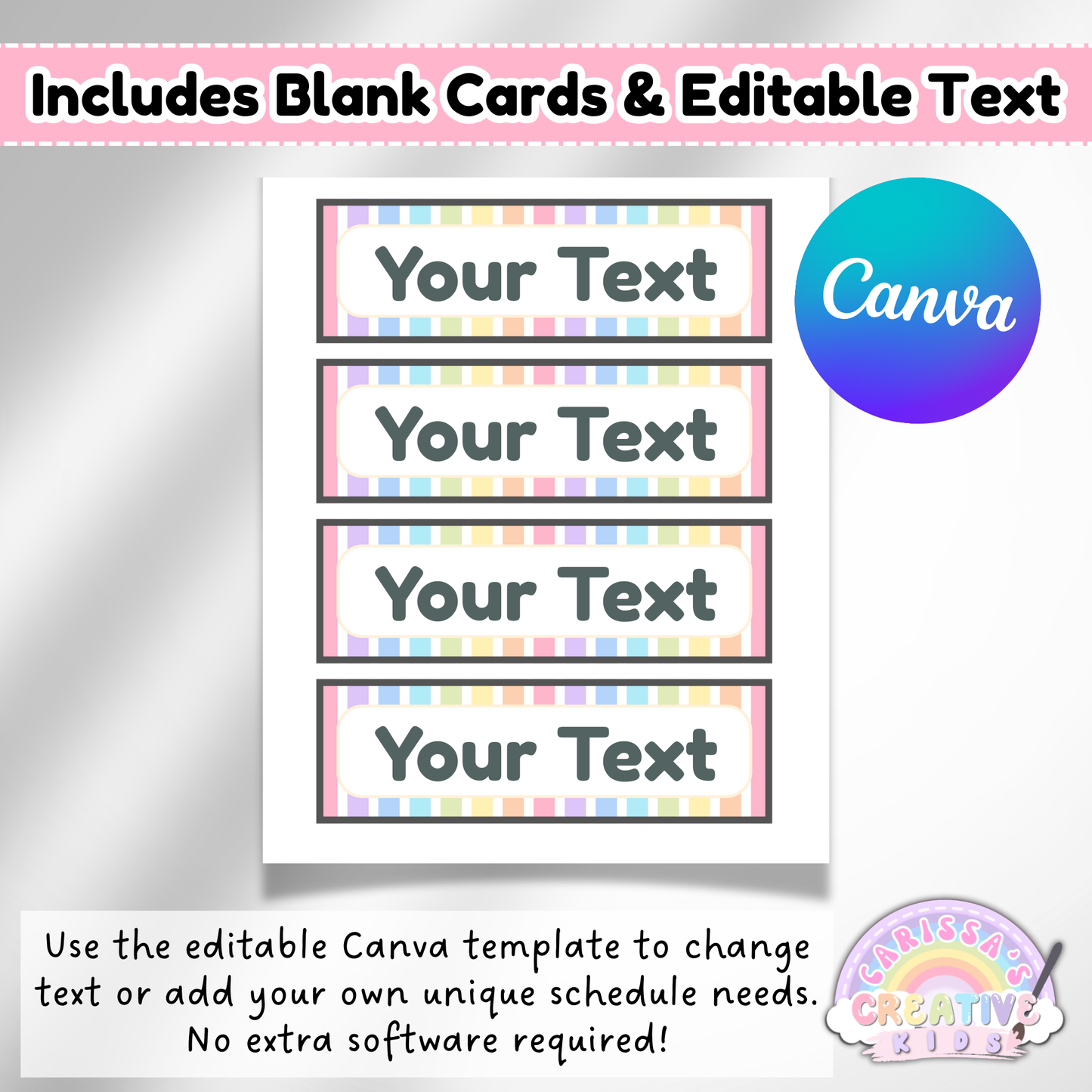 Editable Canva template showing blank visual schedule cards labeled 'Your Text' for customizing preschool and daycare classroom routines.
