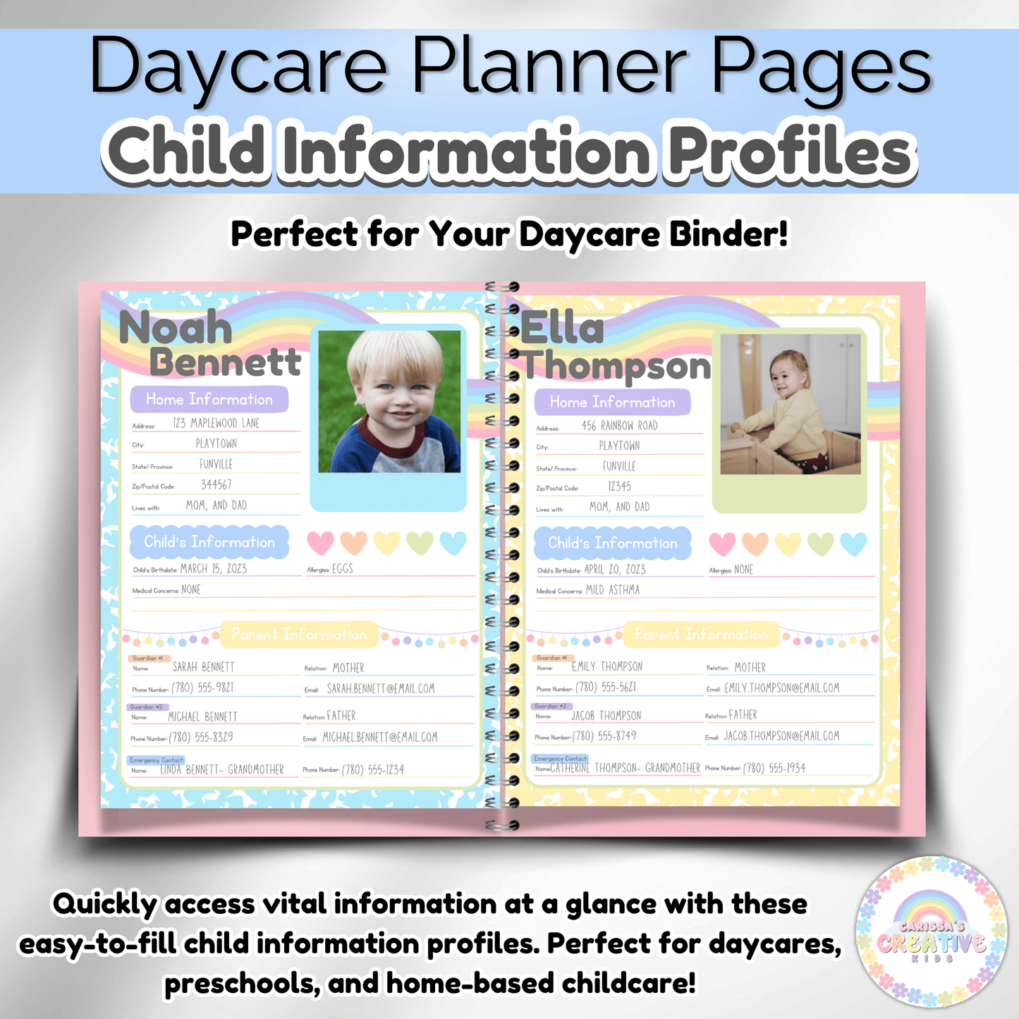 Whether you're a preschool teacher, daycare provider, or home daycare owner. You'll love these brightly colored quick access emergency contact information sheets for the kids in your care
