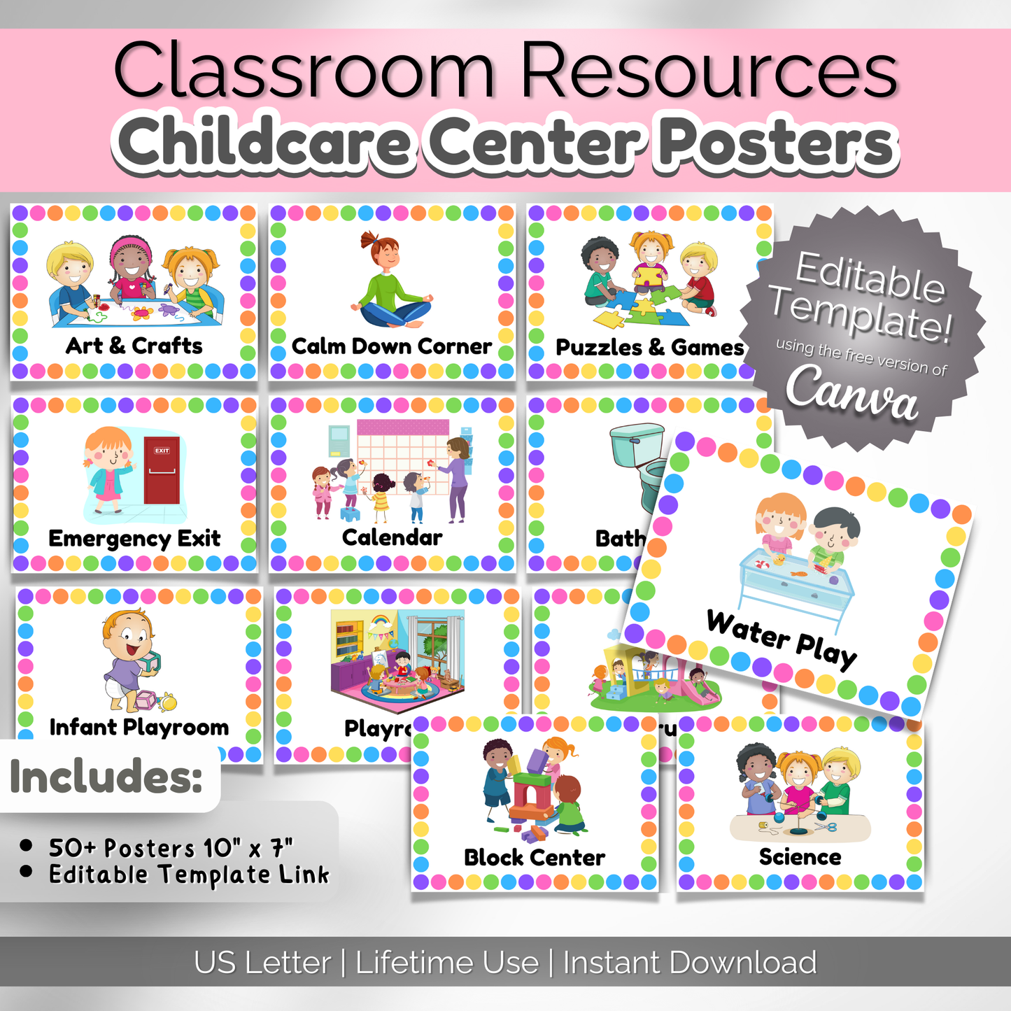 Rainbow Preschool Center Signs | Posters For Daycare Classroom Decor
