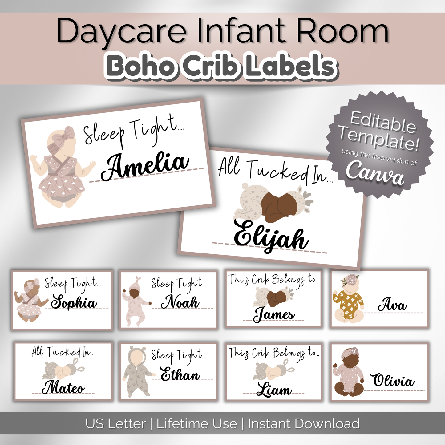 Boho Daycare Crib Labels Infant Classroom Printables Template | Cubbie Name Tags