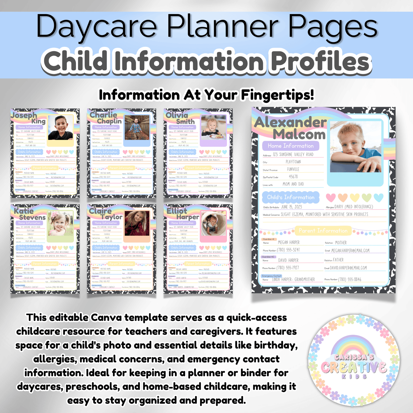 Quick information on students emergency contact information for teacher planners.
