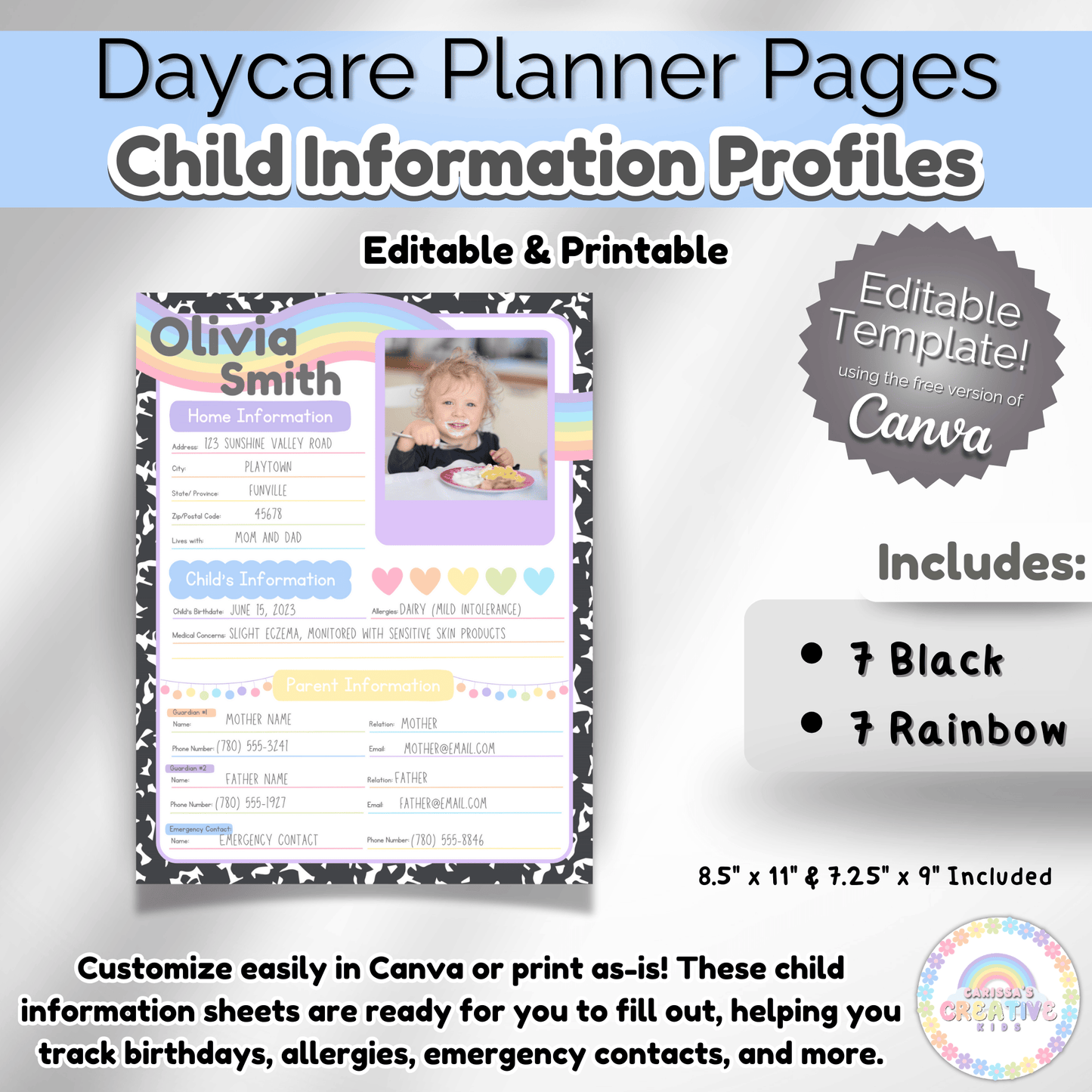 These student information sheets come as PDF digital download with a link to the editable Canva template. 14 Colors included!