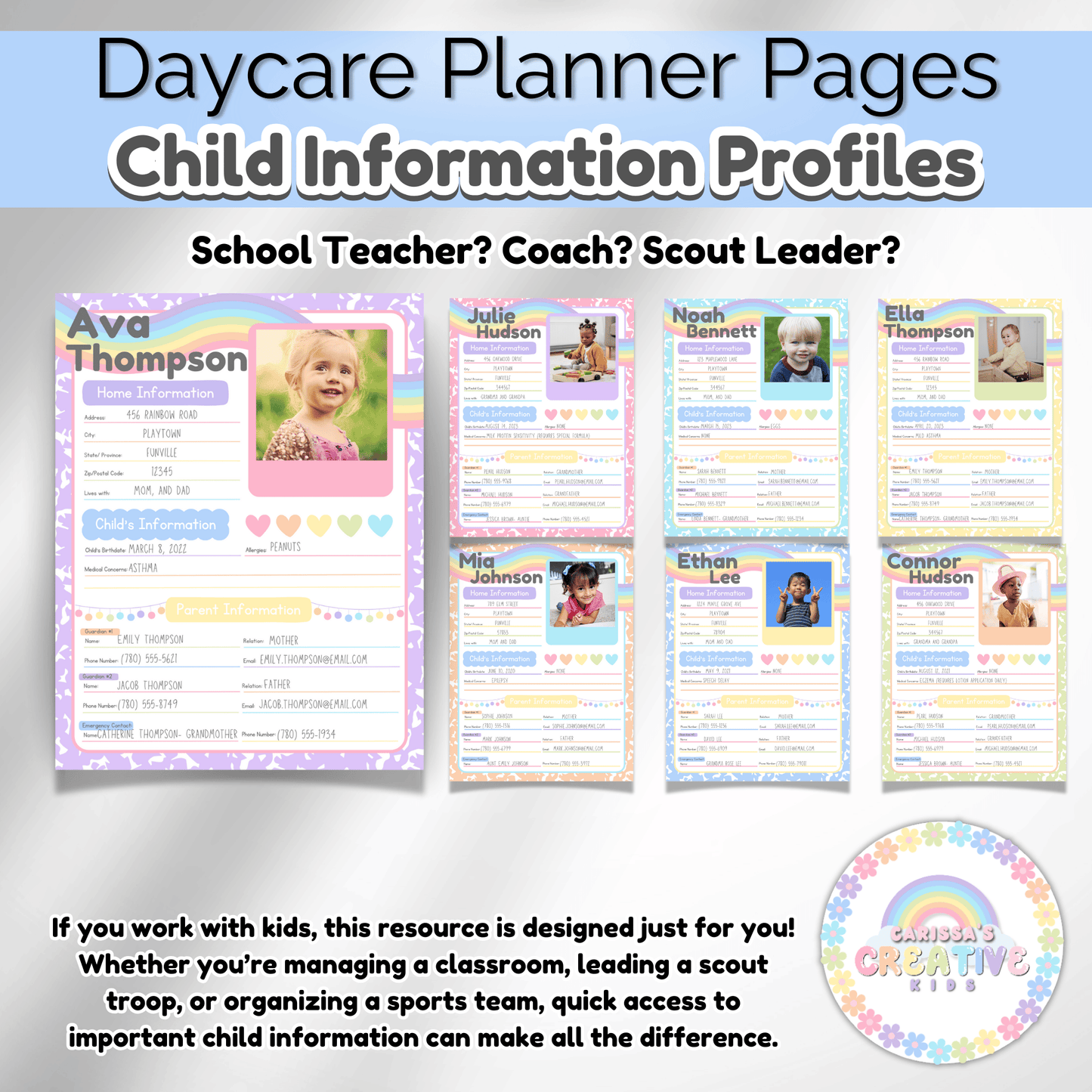 Editable Student Information Sheets using a Canva template. Add students photos, emergency contacts, medical information, and personal information. Great for teachers, coaches, even scout leaders!