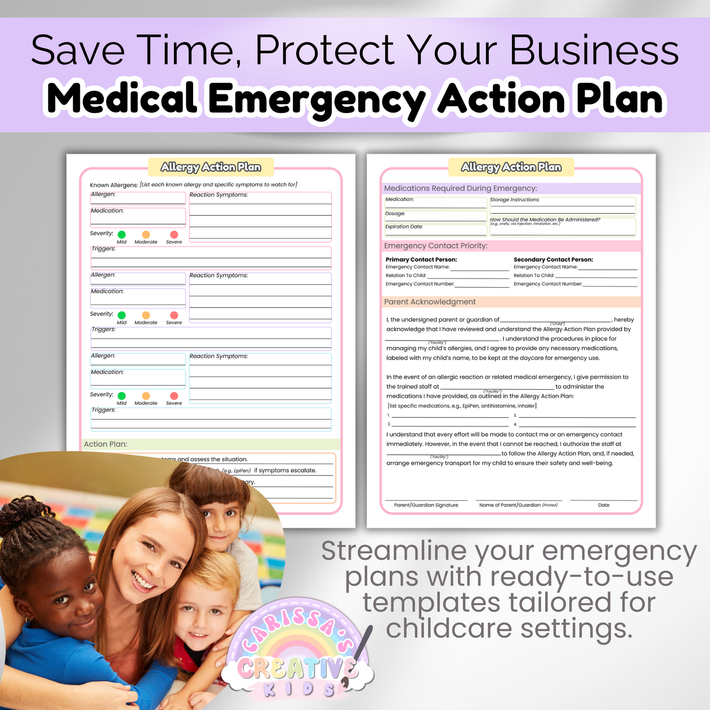 Allergy Emergency Action Plan preview with sections for allergens, severity, emergency contact, and parent acknowledgment—paired with a smiling teacher and preschoolers to emphasize trust and preparedness in childcare settings.