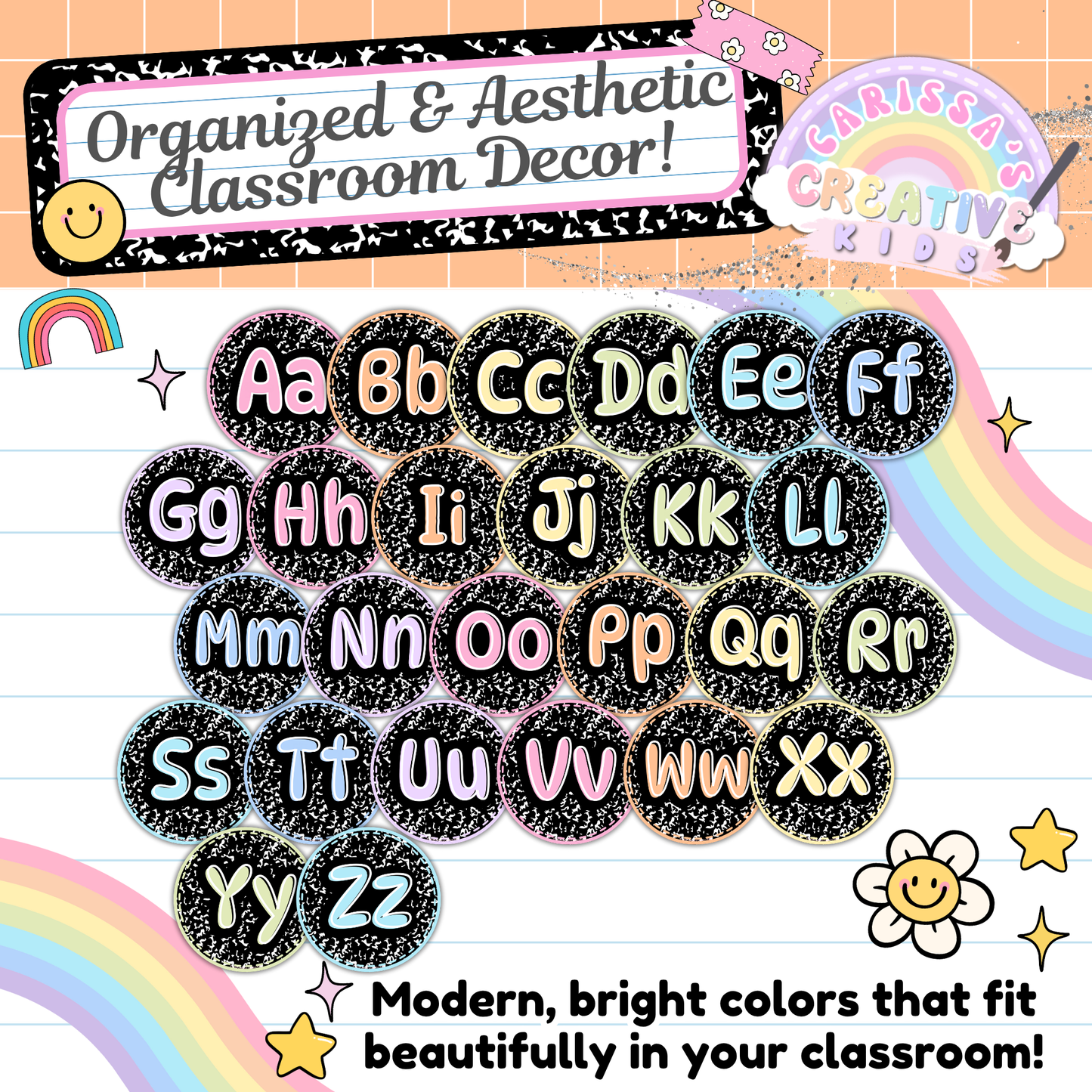 Round alphabet letter posters in a full A–Z set with bright retro colors and black chalk-style backgrounds. Designed to organize classroom walls, word walls, or phonics areas. Great for preschool, kindergarten, homeschool, and daycare learning spaces.
