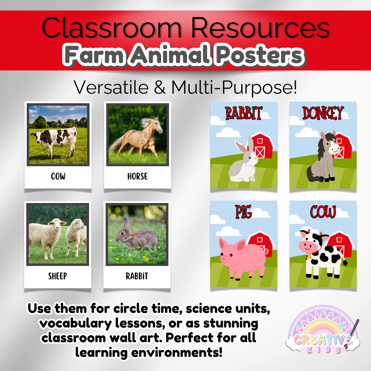 Playroom wall decor with farm animal posters. Fun and educational for young learners.