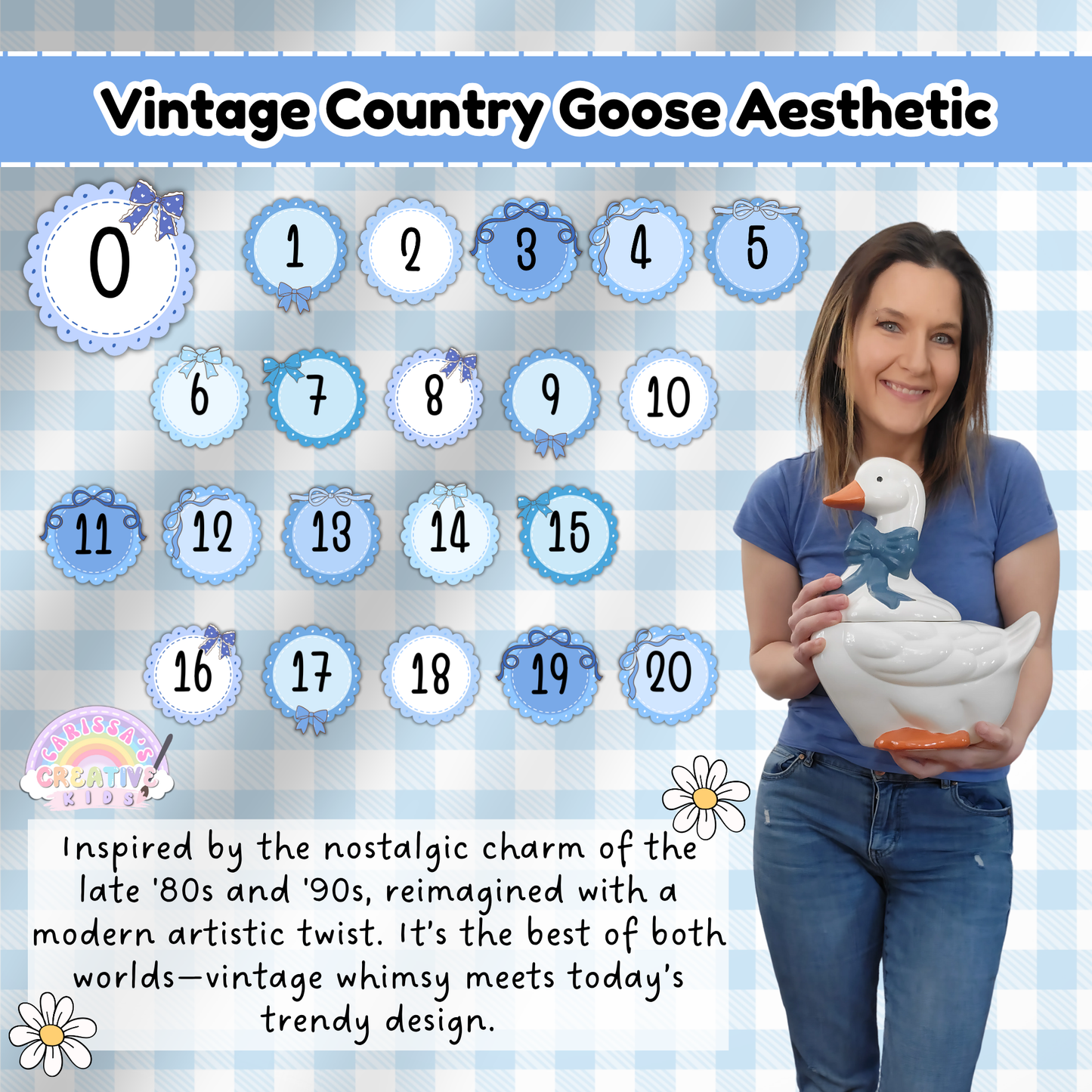 Silly Goose Number Posters in circular vintage style displayed 0–20 on a gingham background, alongside the creator holding a ceramic goose, highlighting the nostalgic ‘90s country goose theme.