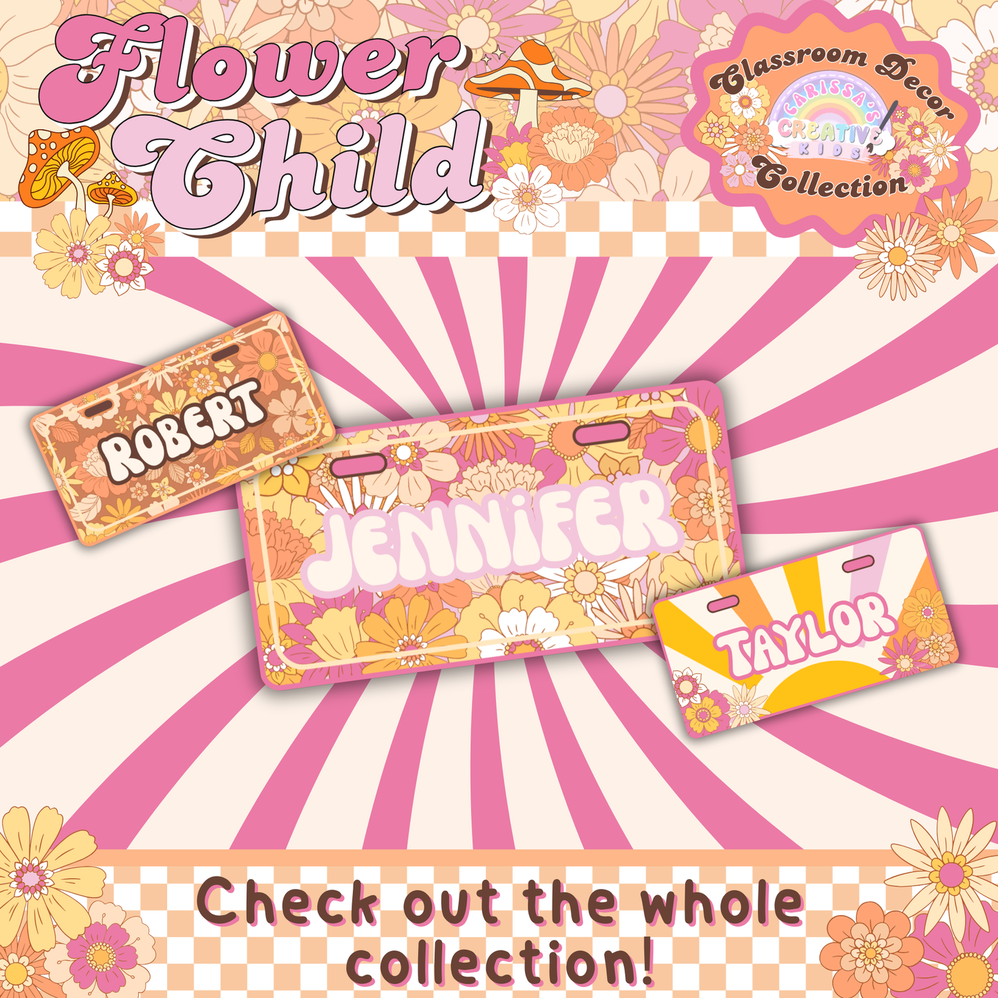 A set of printed Flower Child Student name tags used for classroom organization and labeling lockers, desks, cubbies and shelves. Check out the whole Retro Groovy Flower Child Collection!
