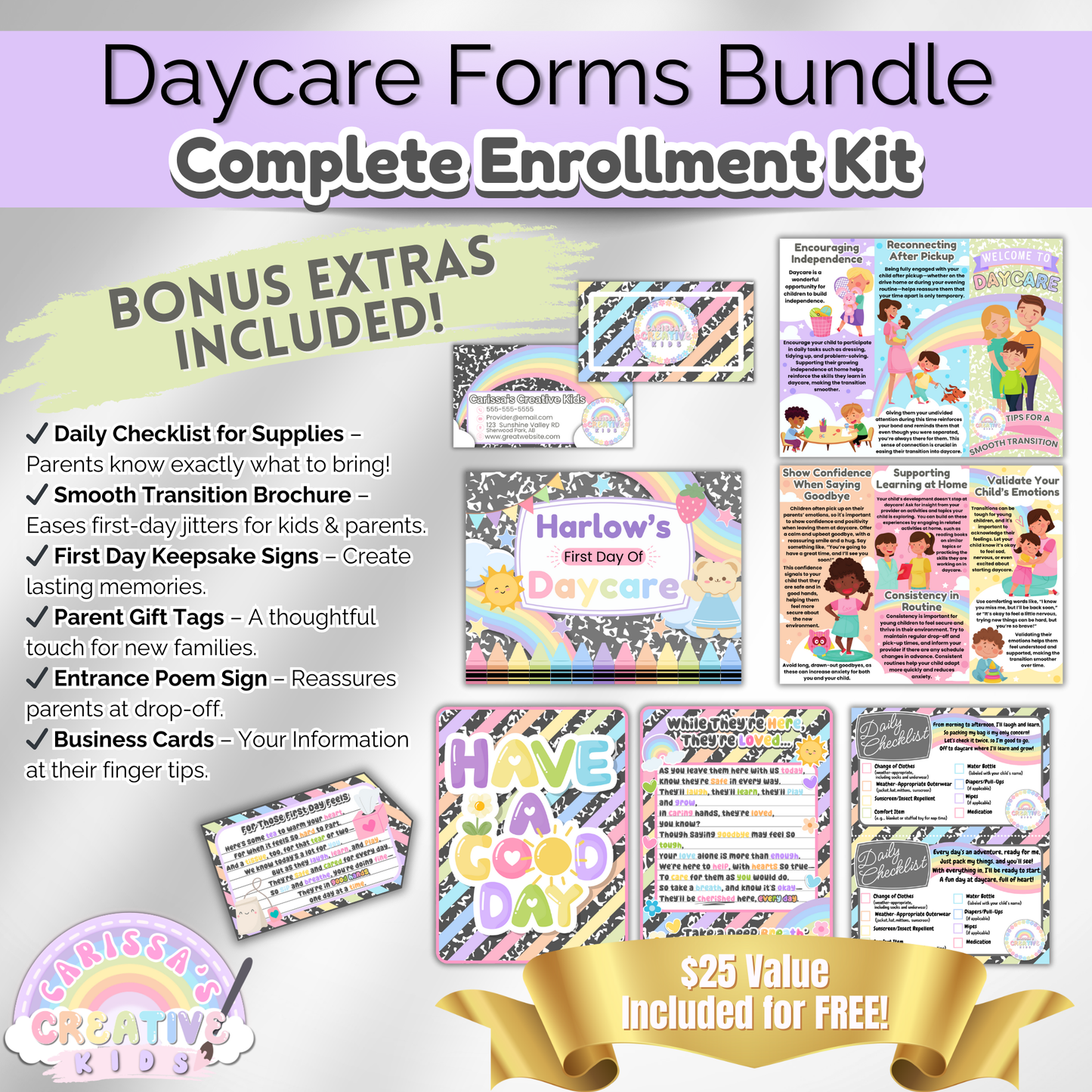Bonus extras for daycare enrollment, including a first-day checklist, welcome signs, and transition guides.