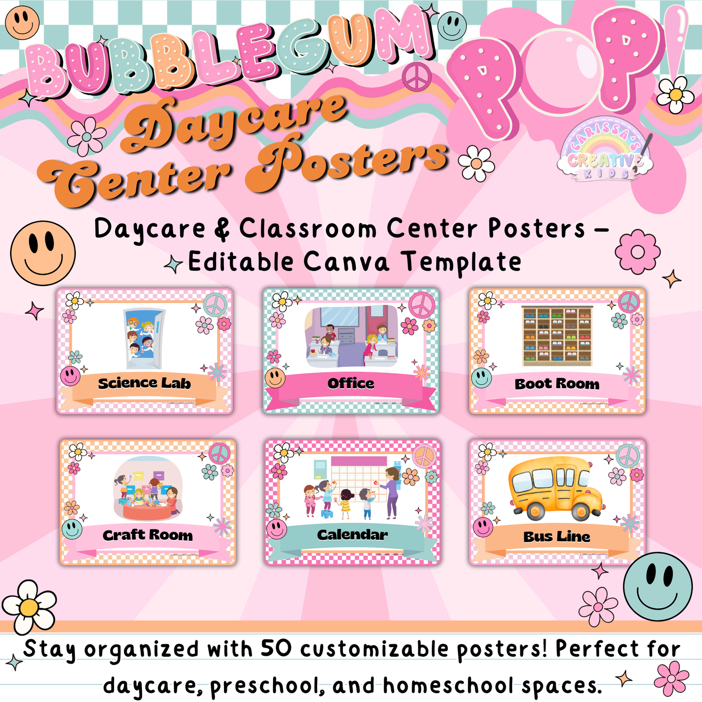A preview of 6 center posters in the Bubblegum Pop! theme, ideal for labeling classroom centers and play areas.