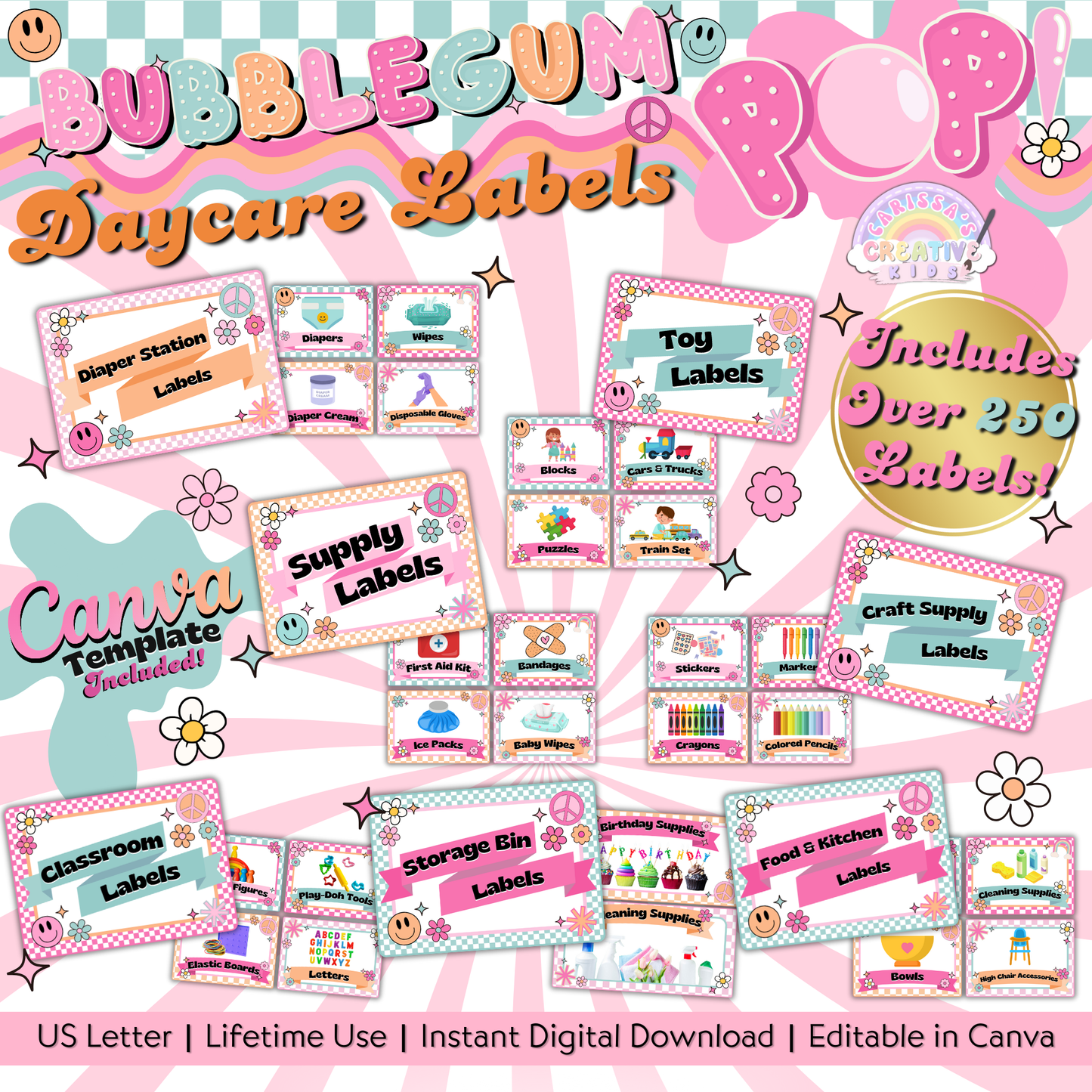 Bright and colorful daycare labels set with a fun, retro-inspired design for organizing preschool centers, classroom supplies, and homeschool materials.