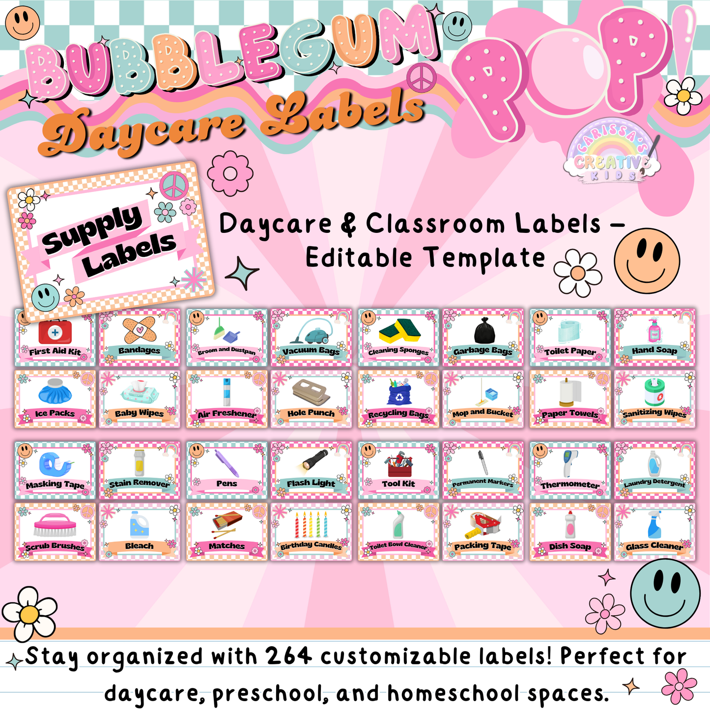 Infographic showing how these playful classroom labels help with daycare organization, school supply management, and keeping preschool spaces tidy.