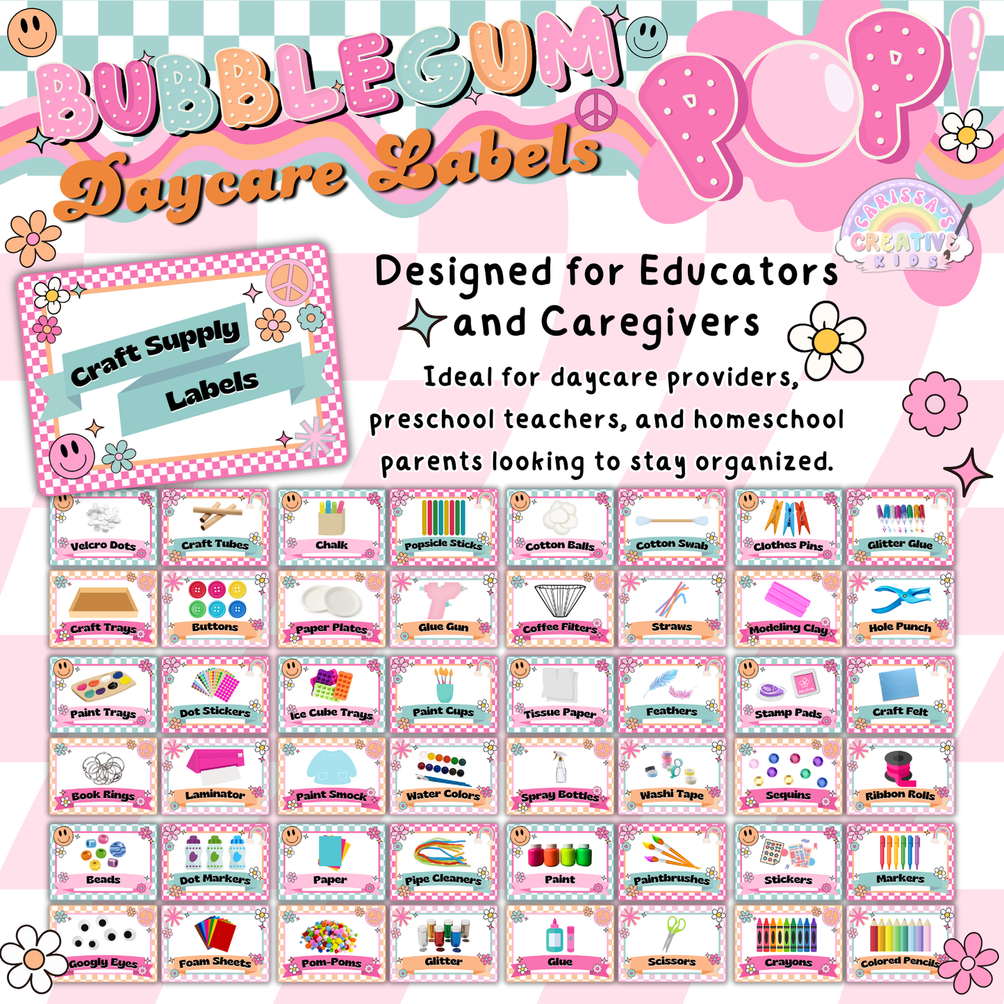 Detailed preview of school labels featuring a bold, colorful, and vintage-inspired design perfect for classroom decor and preschool organization.