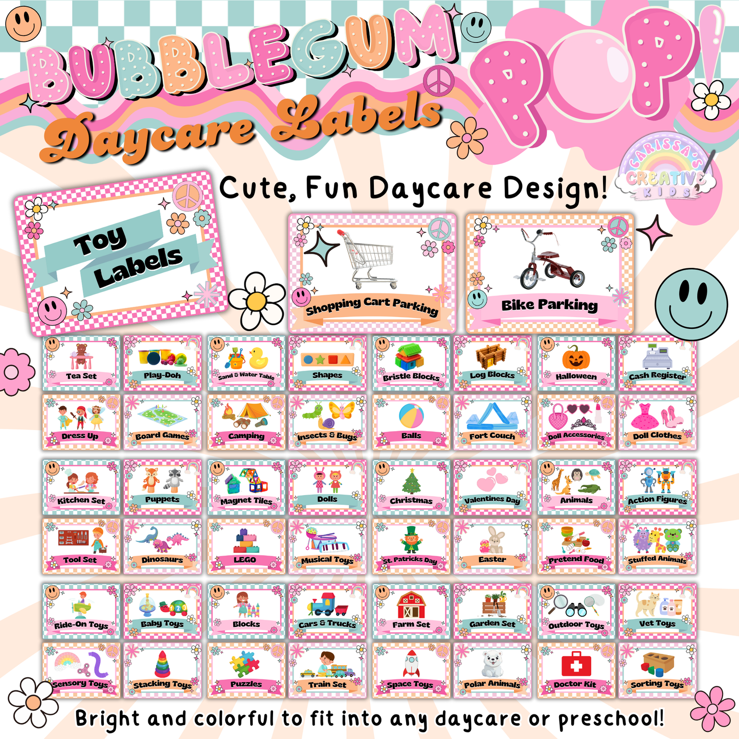 Screenshot of editable daycare labels in Canva, showcasing easy customization for preschool homeschool printables and playroom labels.