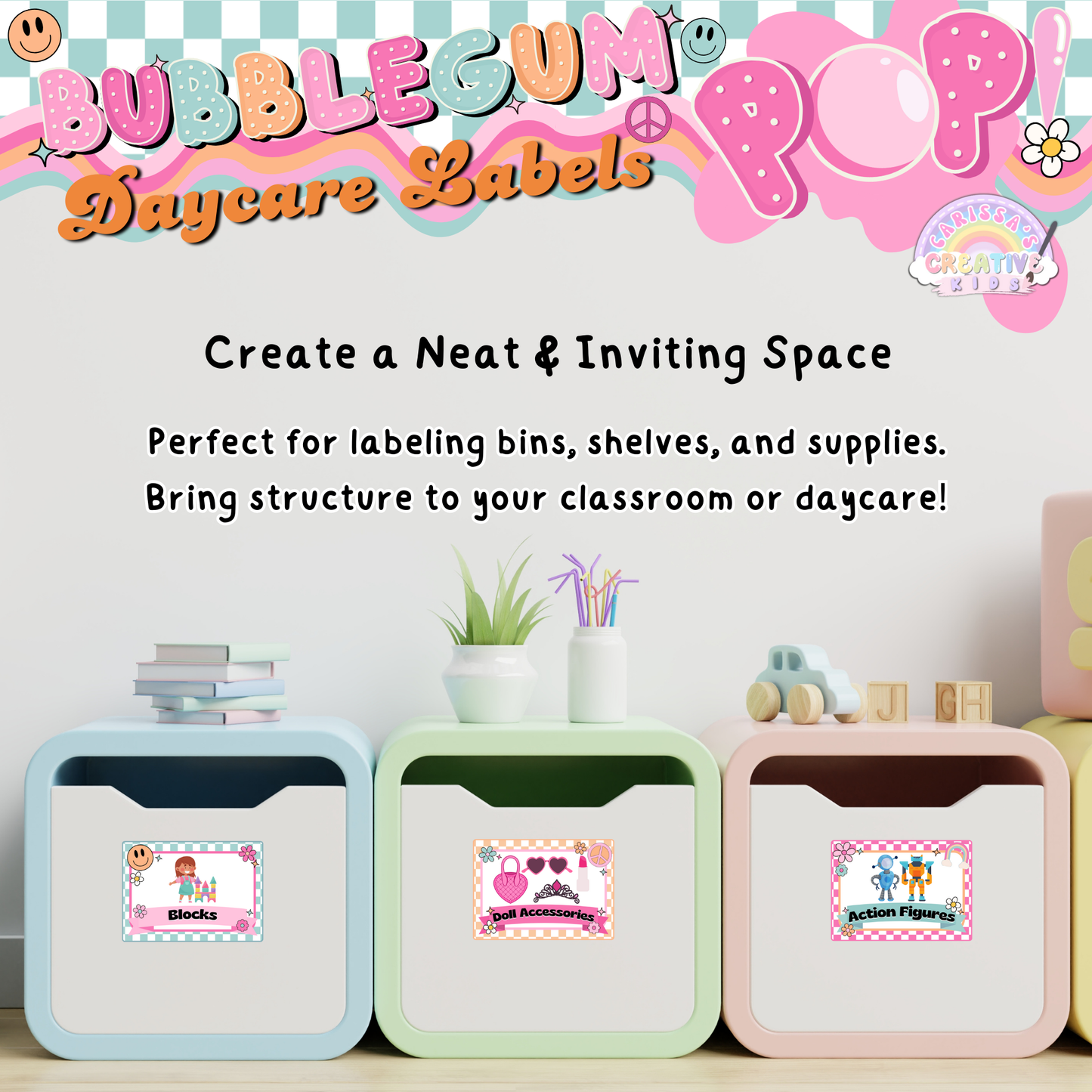 Set of large storage bin labels, ideal for sorting school supplies, books, and art materials in a daycare or homeschool space.