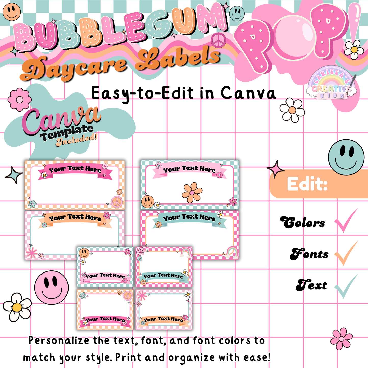 Flat lay image of all preschool printables, featuring bright and playful labels designed for playroom organization and daycare efficiency.