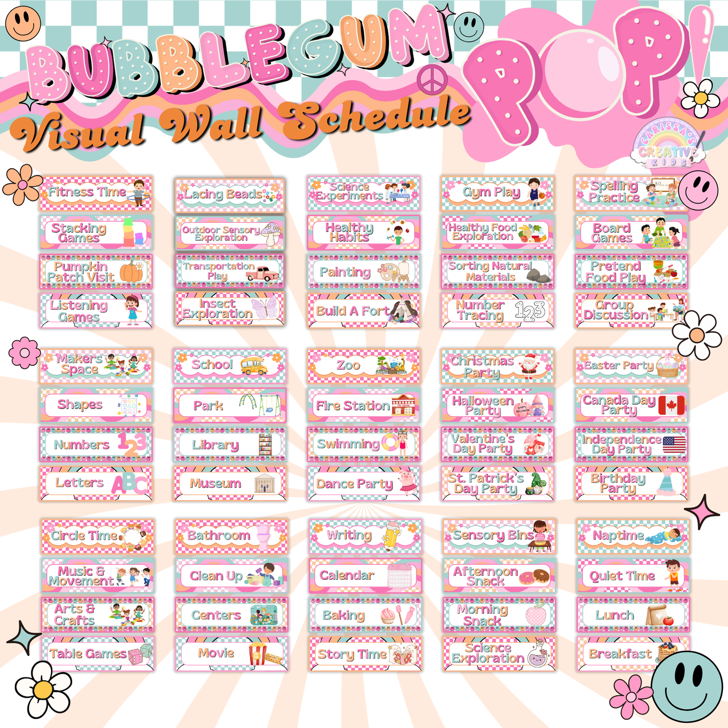 Close-up of daily routine cards from the preschool schedule, showing large, clear text and playful illustrations designed for early learning tools.