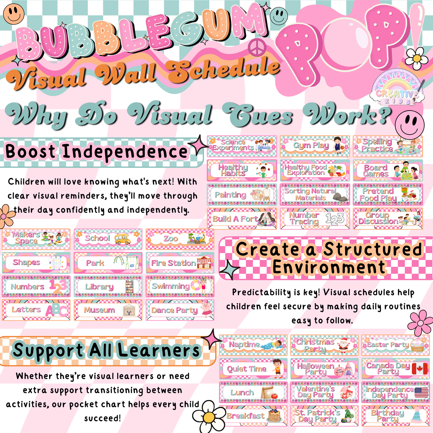 Editable Canva template preview showcasing customizable visual routine cards for teachers, perfect for classroom schedules and flexible lesson planning.