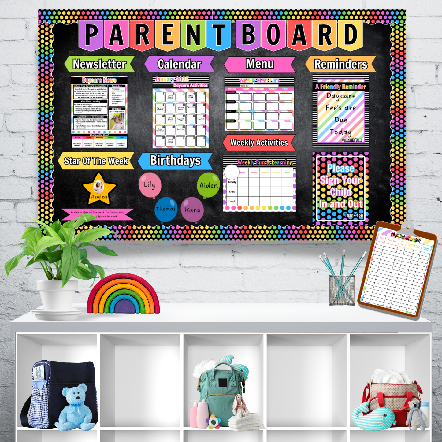 Photo shows how the full kit looks when displayed on a daycare bulletin board. A professional, polished setup that saves time and communicates clearly with families. Includes everything you need to post once and update weekly.