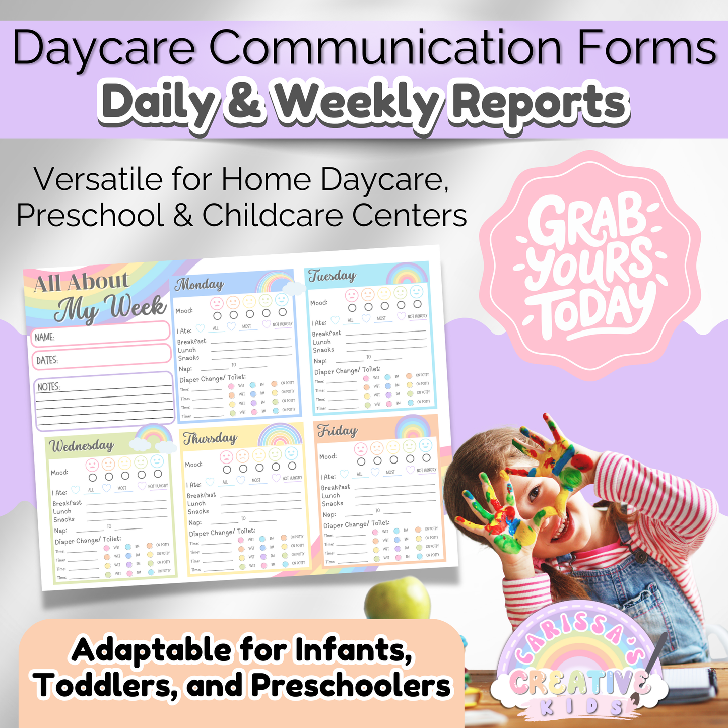 Preschool daily report printable. Perfect for tracking activities and daily routines in preschool settings.