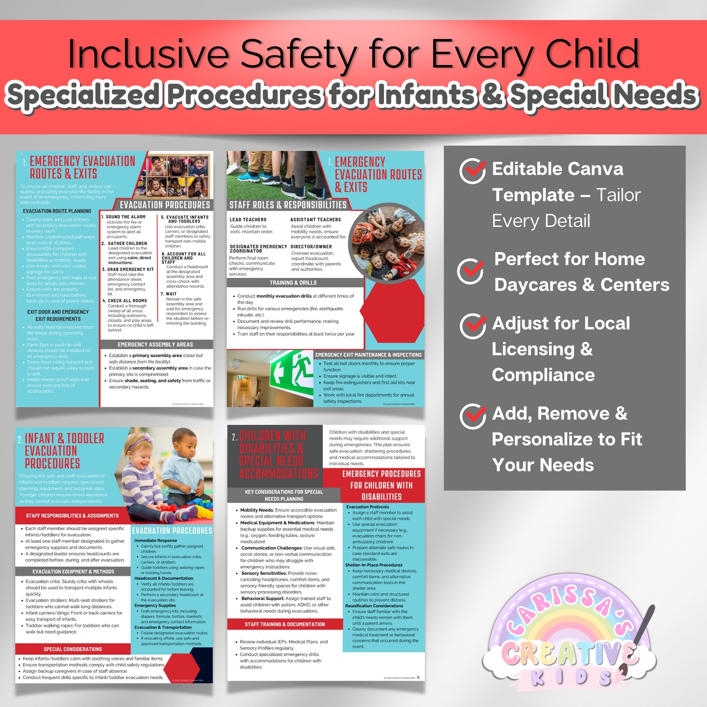 Childcare emergency plan with specialized procedures for infants and children with special needs. Includes evacuation and shelter-in-place protocols.