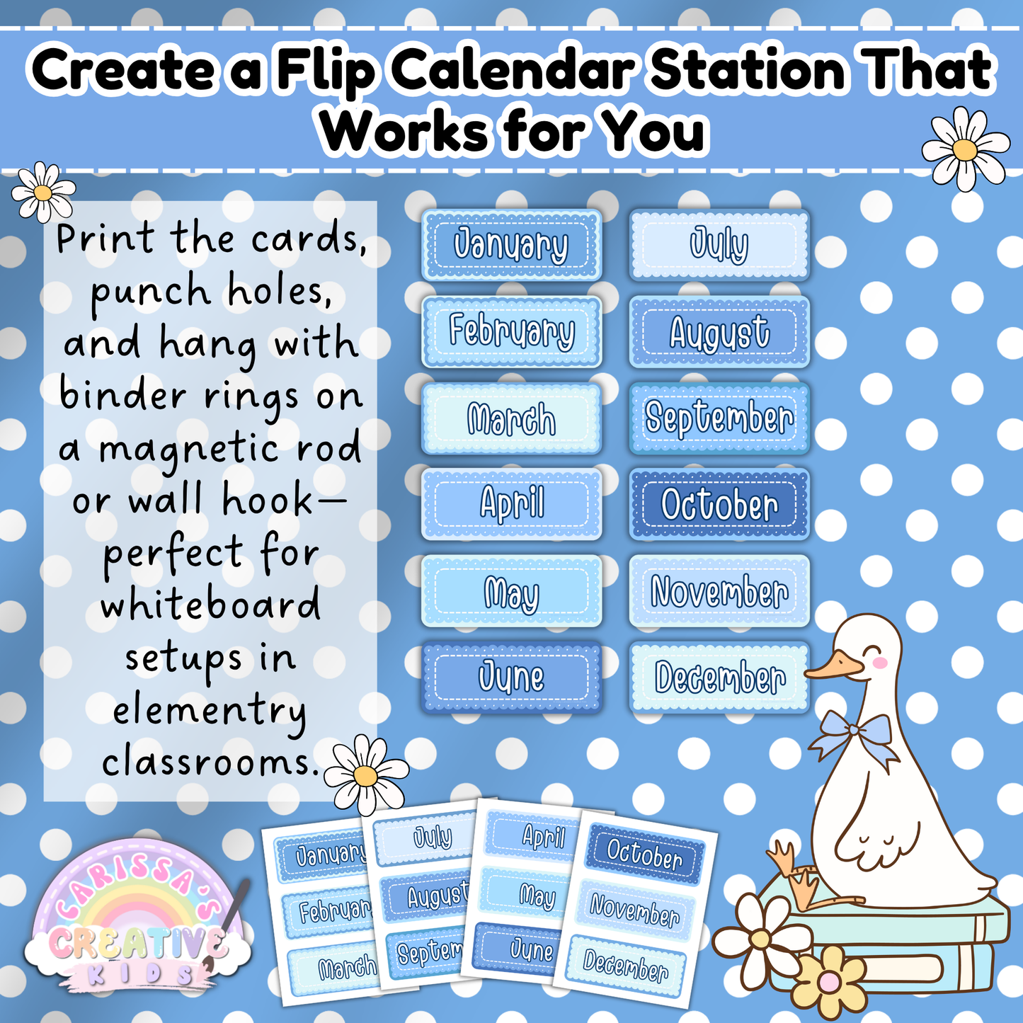 Printable Classroom Calendar Station – Editable Month Cards in Blue Silly Goose Theme for Hanging on Hooks or Whiteboards with Binder Rings