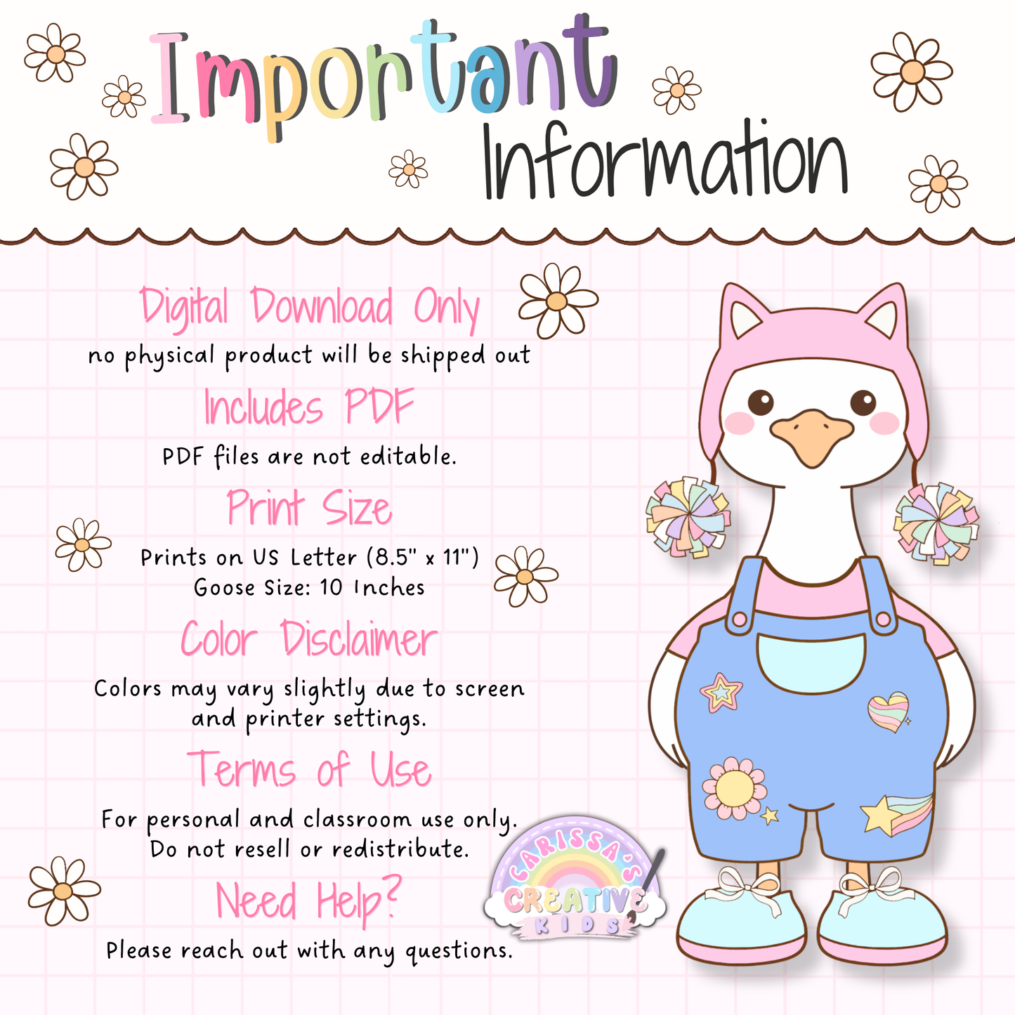 Important information photo for printable Classroom Goose classroom decor showing digital download details, PDF format, print size, color disclaimer, and terms of use for kindergarten, elementary decor, speech therapy rooms, classroom posters, playroom decor, and bulletin board kit displays.