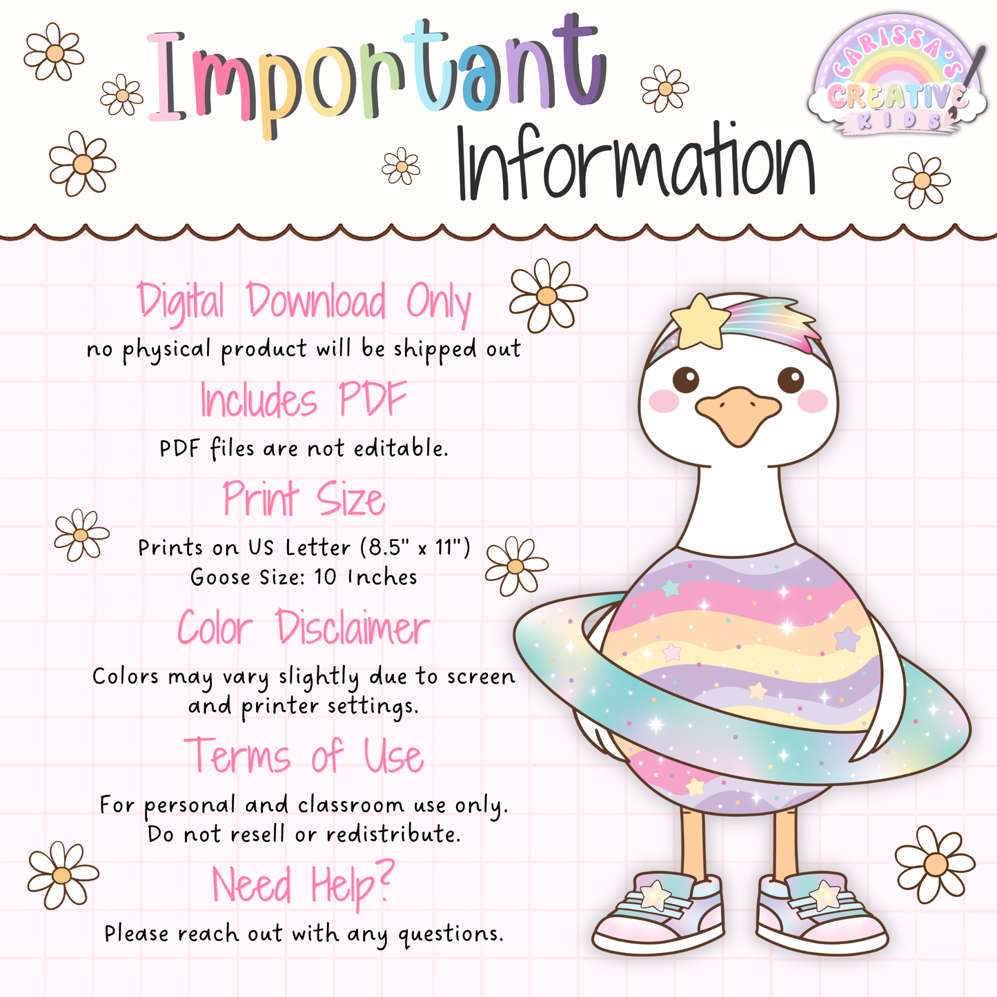 Important information for the Classroom Goose Outer Space and Science Pack digital download, showing PDF format, US Letter print size, 10-inch goose size, color disclaimer, classroom use terms, and a cosmic dress-up goose illustration.
